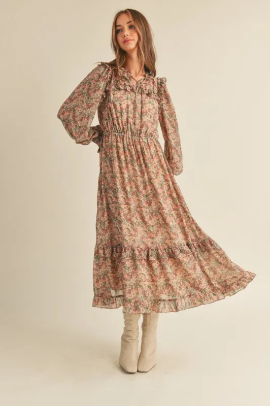 Mauve Multi Floral Ruffled Print Midi Dress sold by Pinkblush