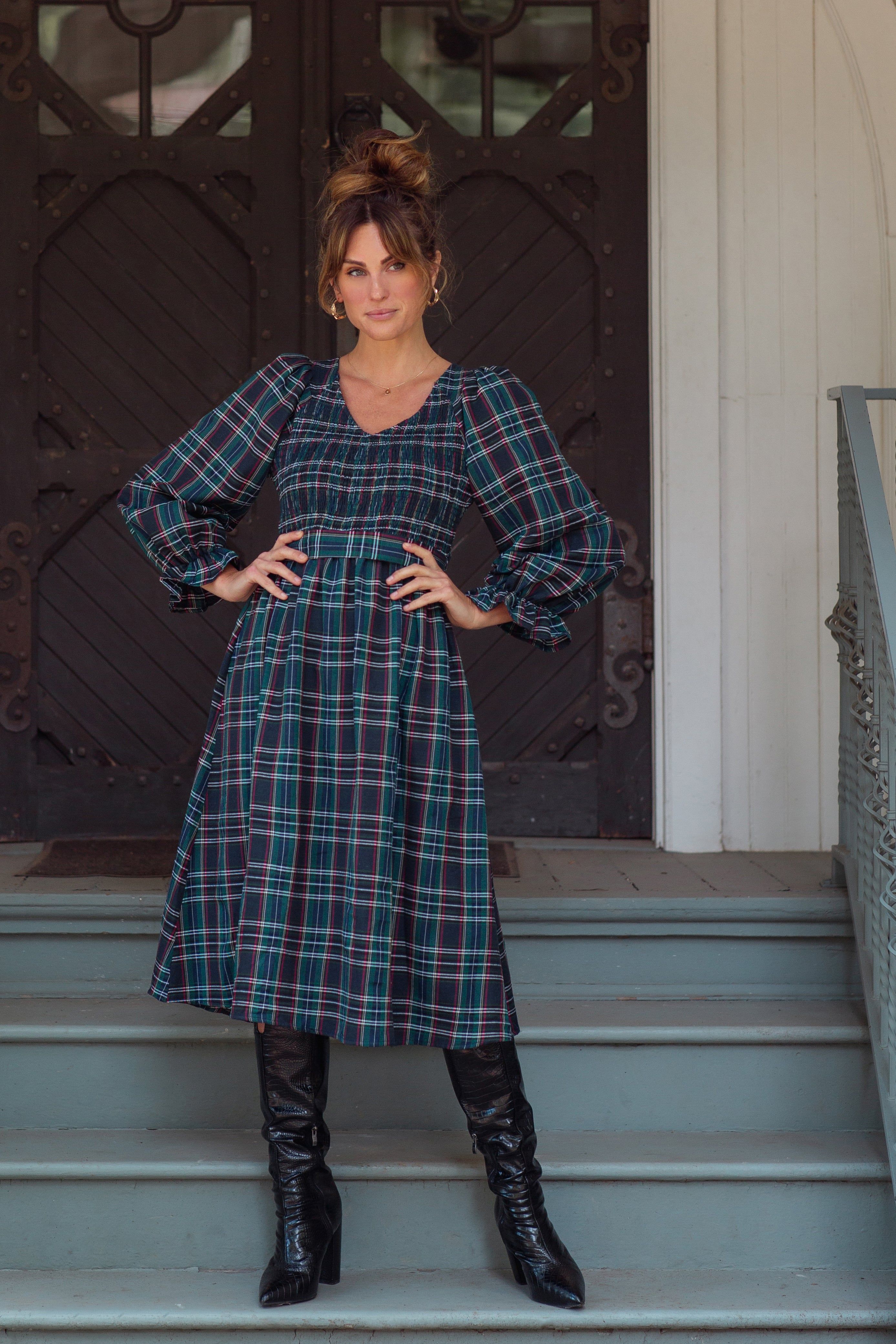 Forest Green Plaid Smocked A-Line Midi Dress sold by Pinkblush product image thumbnail 4
