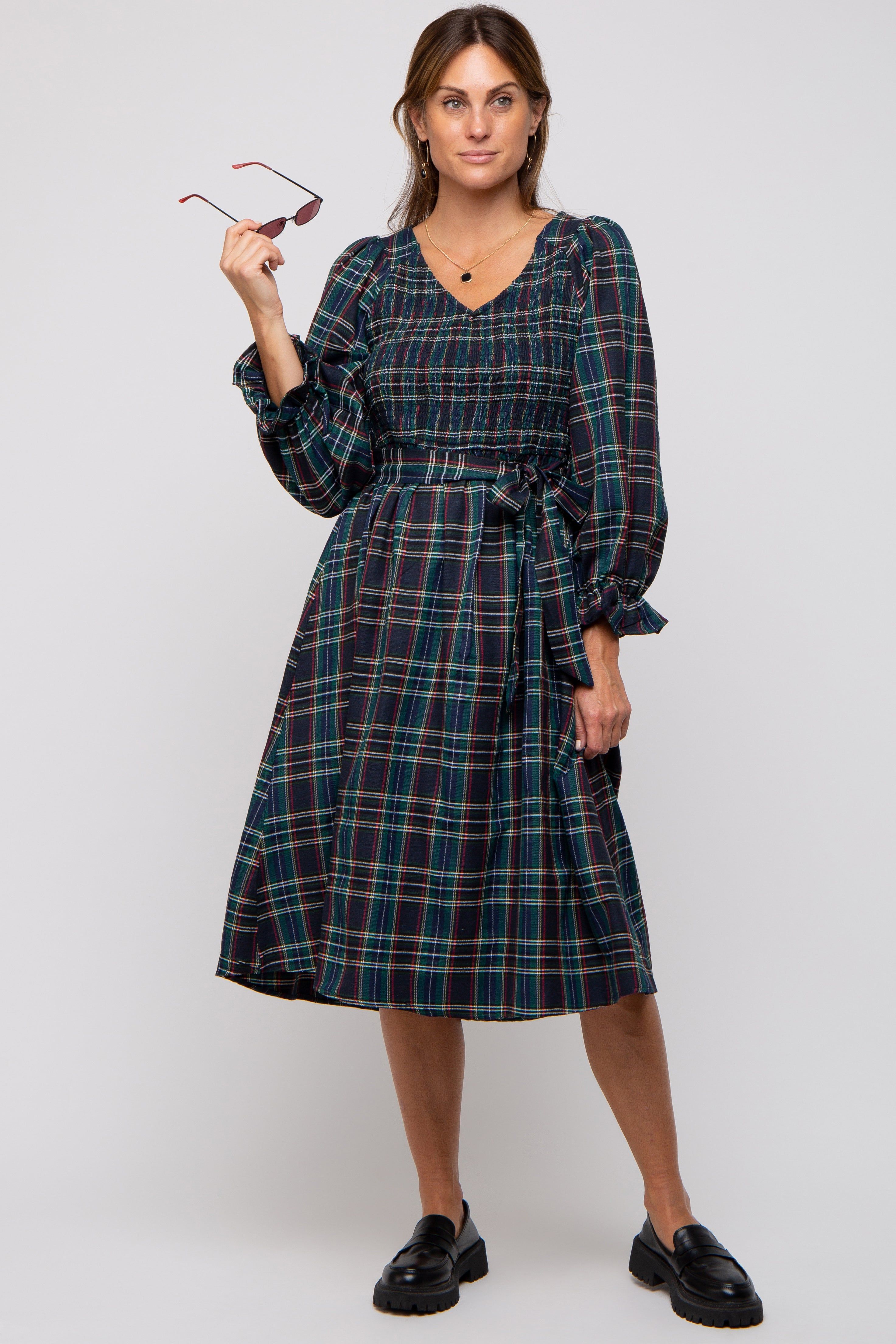 Forest Green Plaid Smocked A-Line Midi Dress sold by Pinkblush