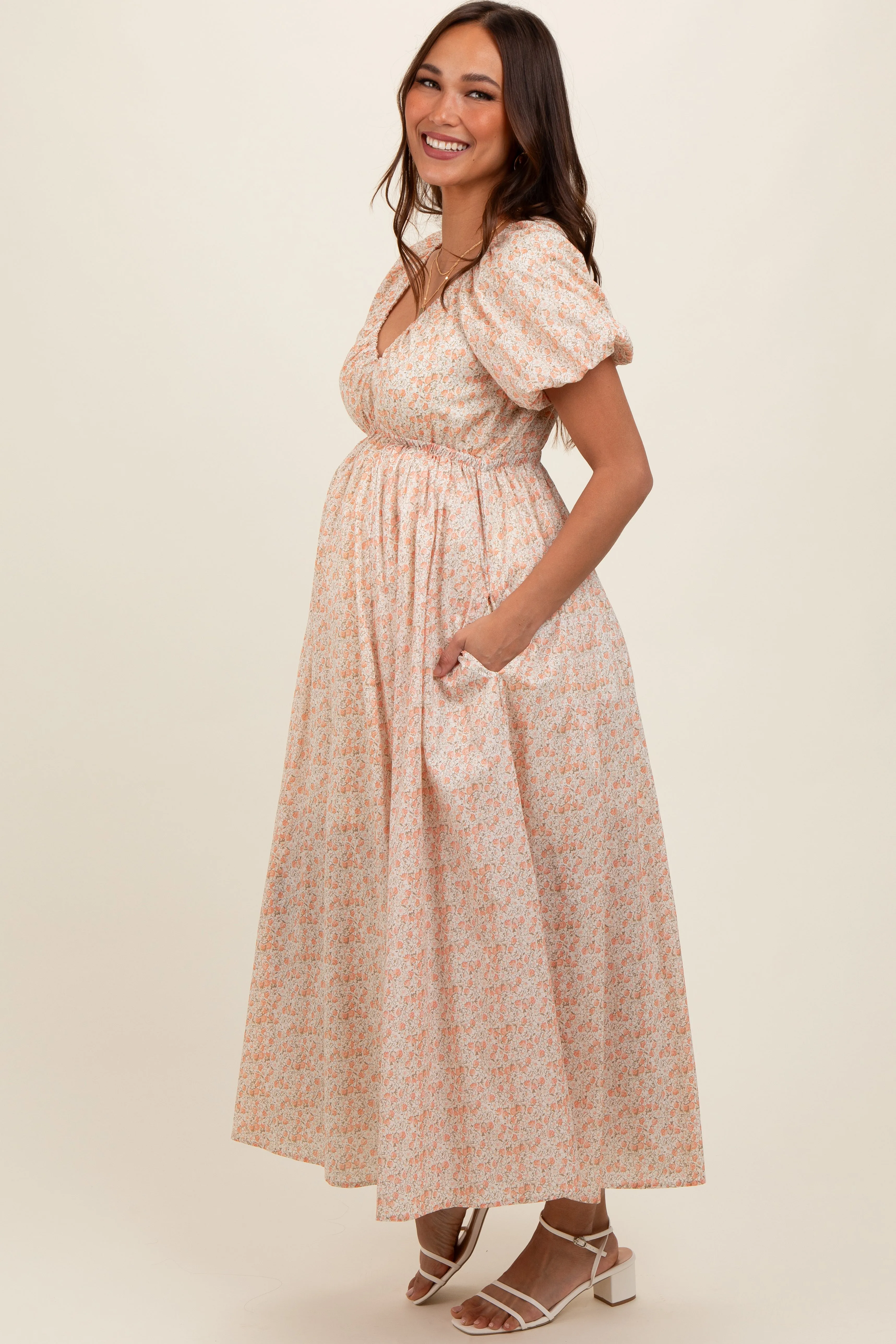 Peach Strawberry Floral Puff Sleeve Maternity Midi Dress sold by Pinkblush product image thumbnail 2