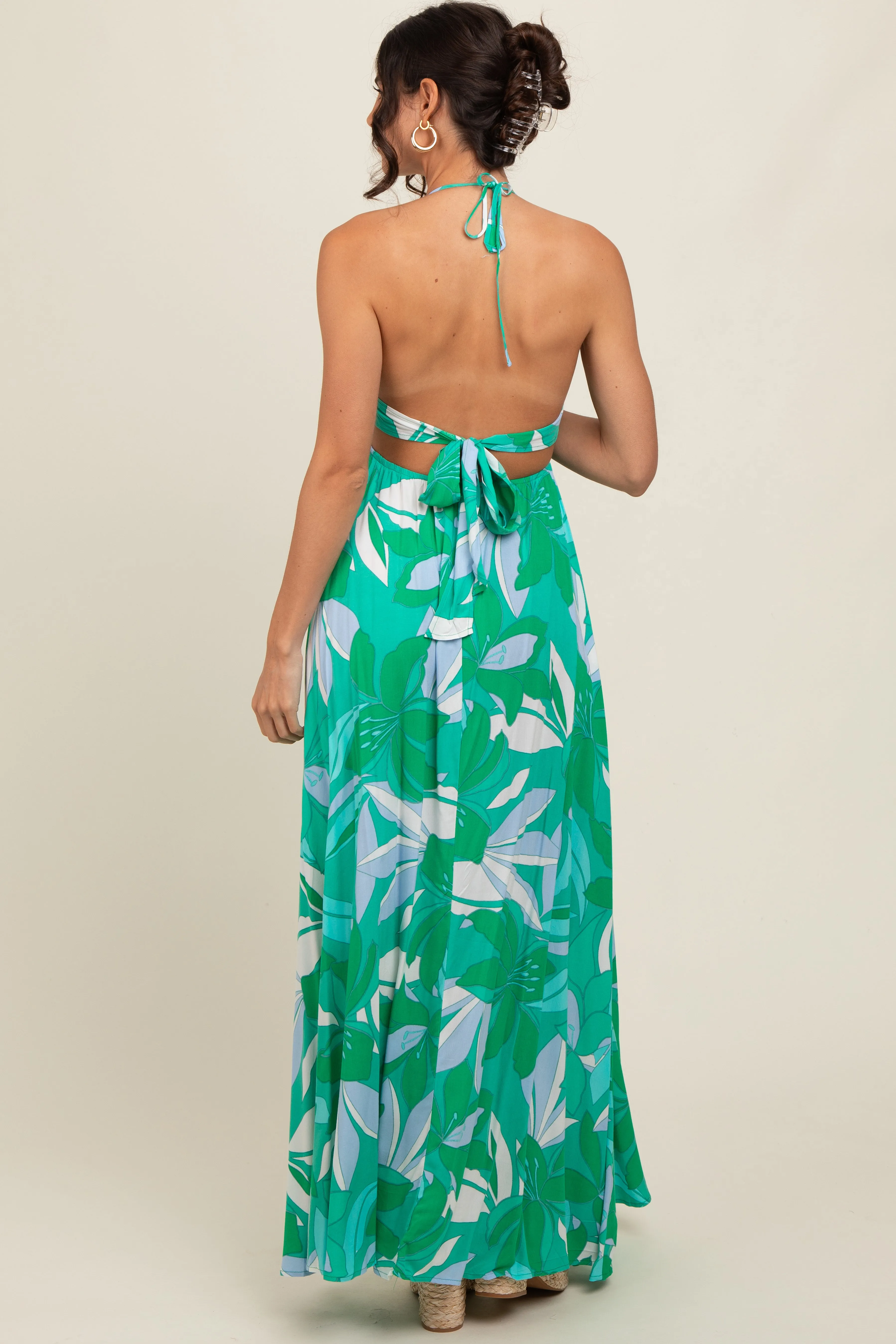 Green Floral Smocked Halter Open Back Maxi Dress sold by Pinkblush product image thumbnail 4