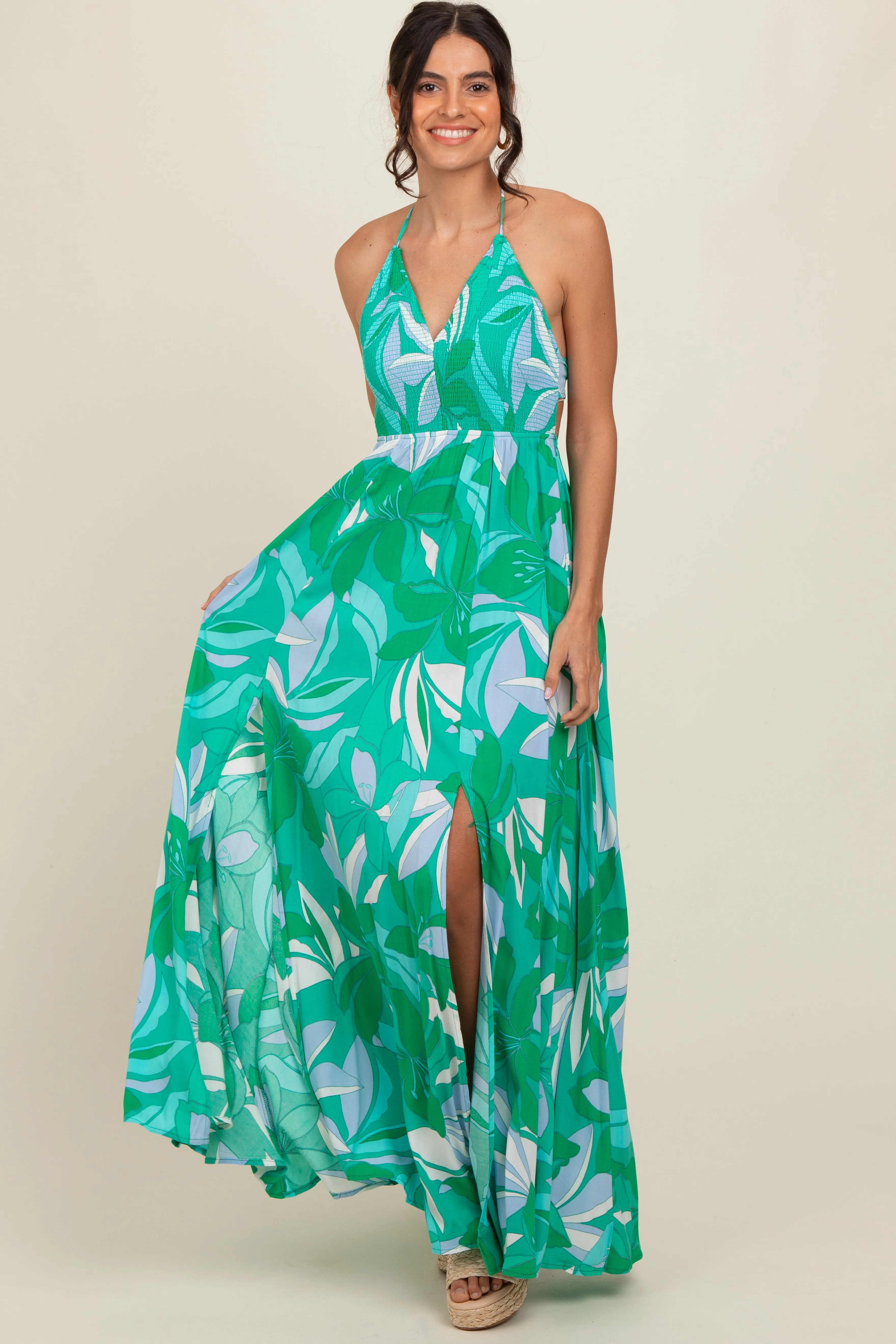 Green Floral Smocked Halter Open Back Maxi Dress sold by Pinkblush