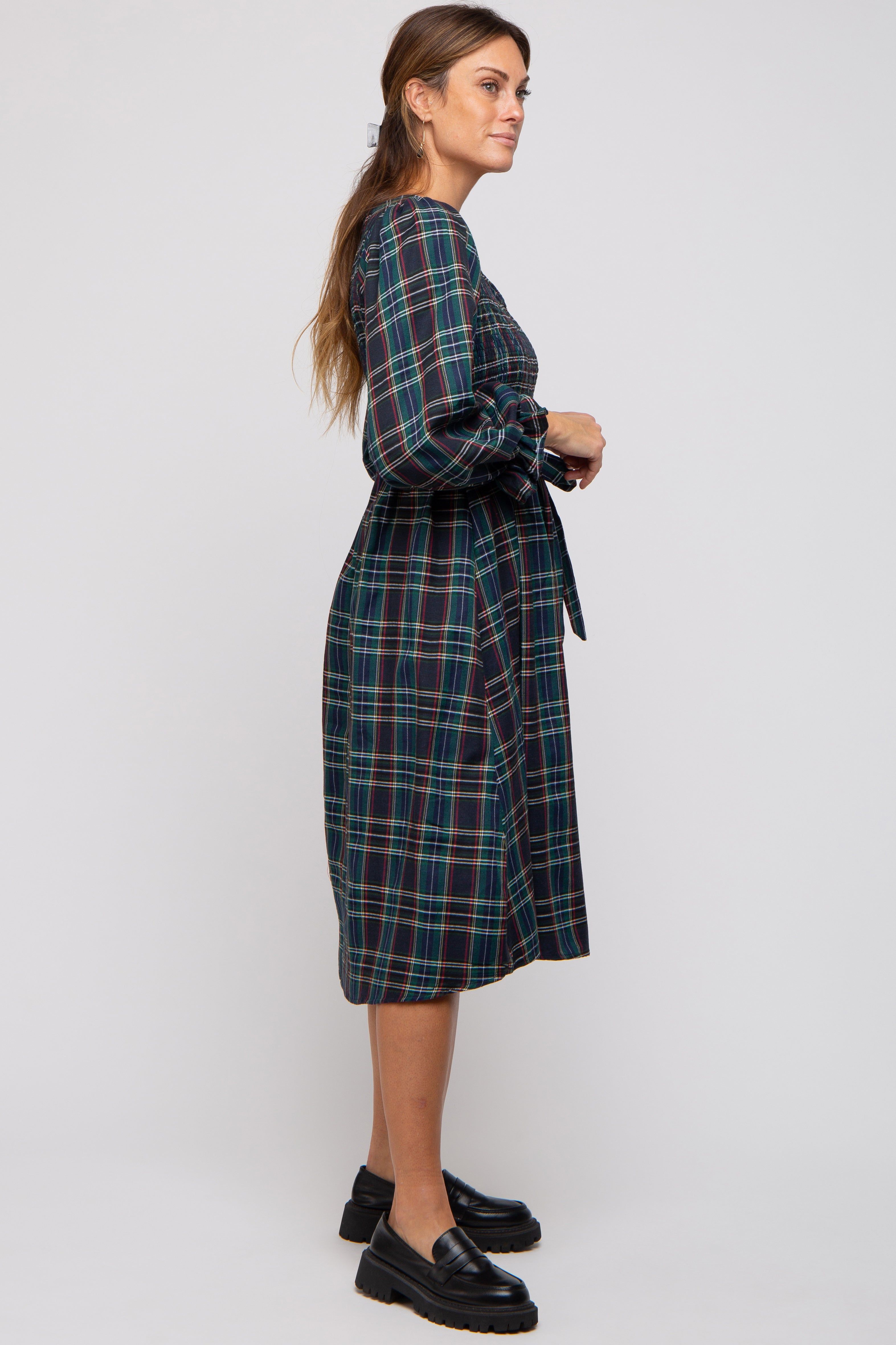 Forest Green Plaid Smocked A-Line Midi Dress sold by Pinkblush product image thumbnail 2