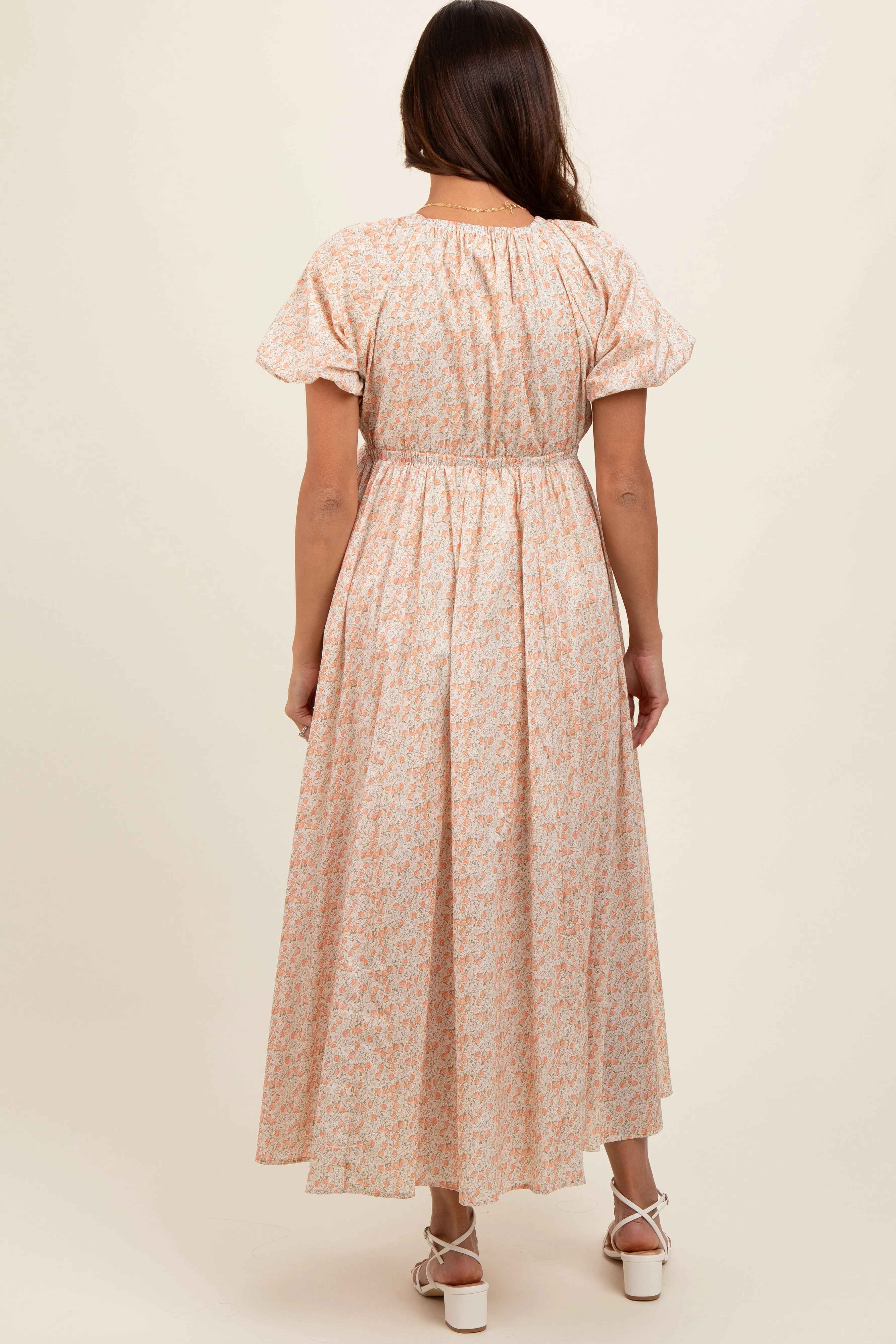 Peach Strawberry Floral Puff Sleeve Maternity Midi Dress sold by Pinkblush product image thumbnail 3