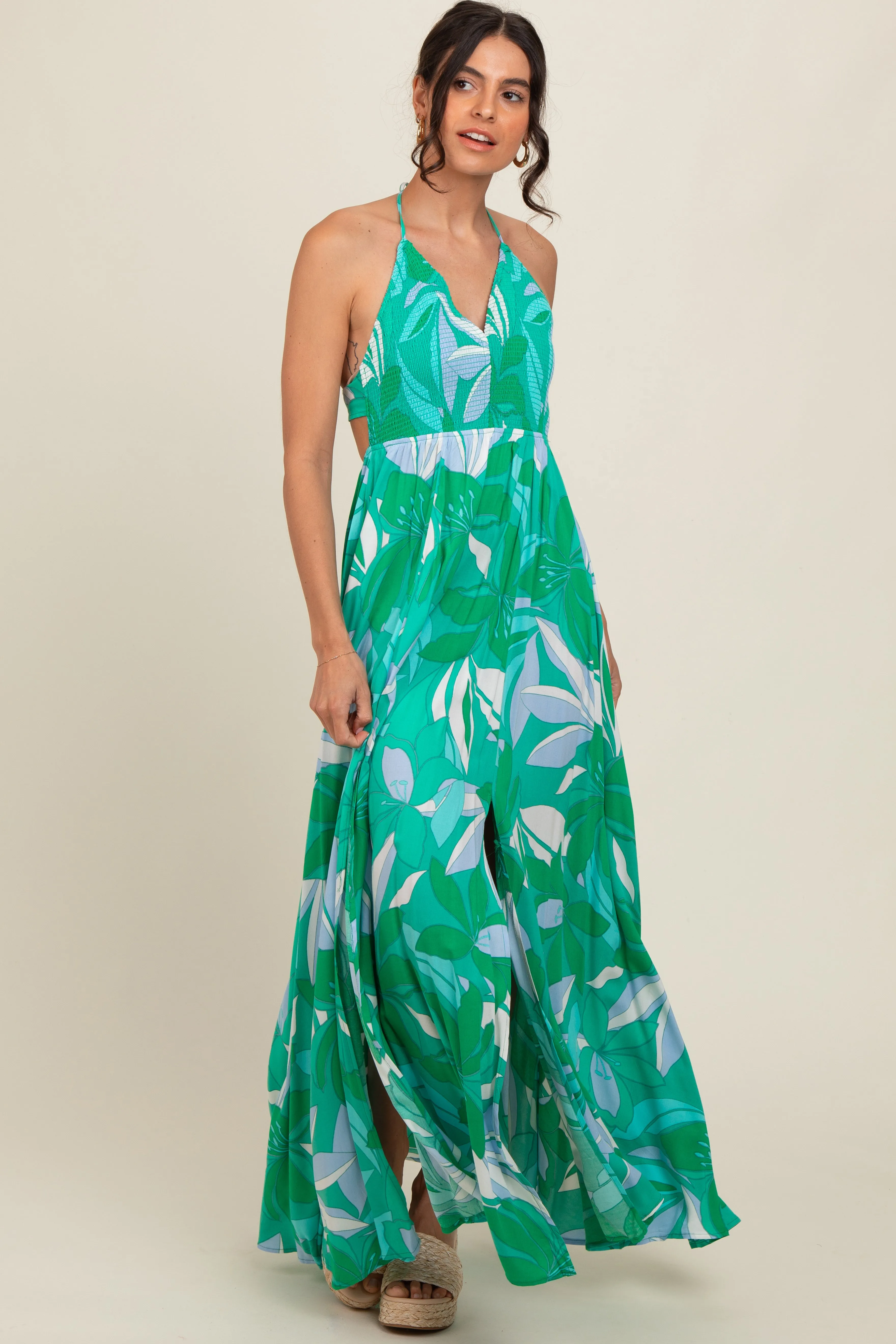 Green Floral Smocked Halter Open Back Maxi Dress sold by Pinkblush product image thumbnail 2