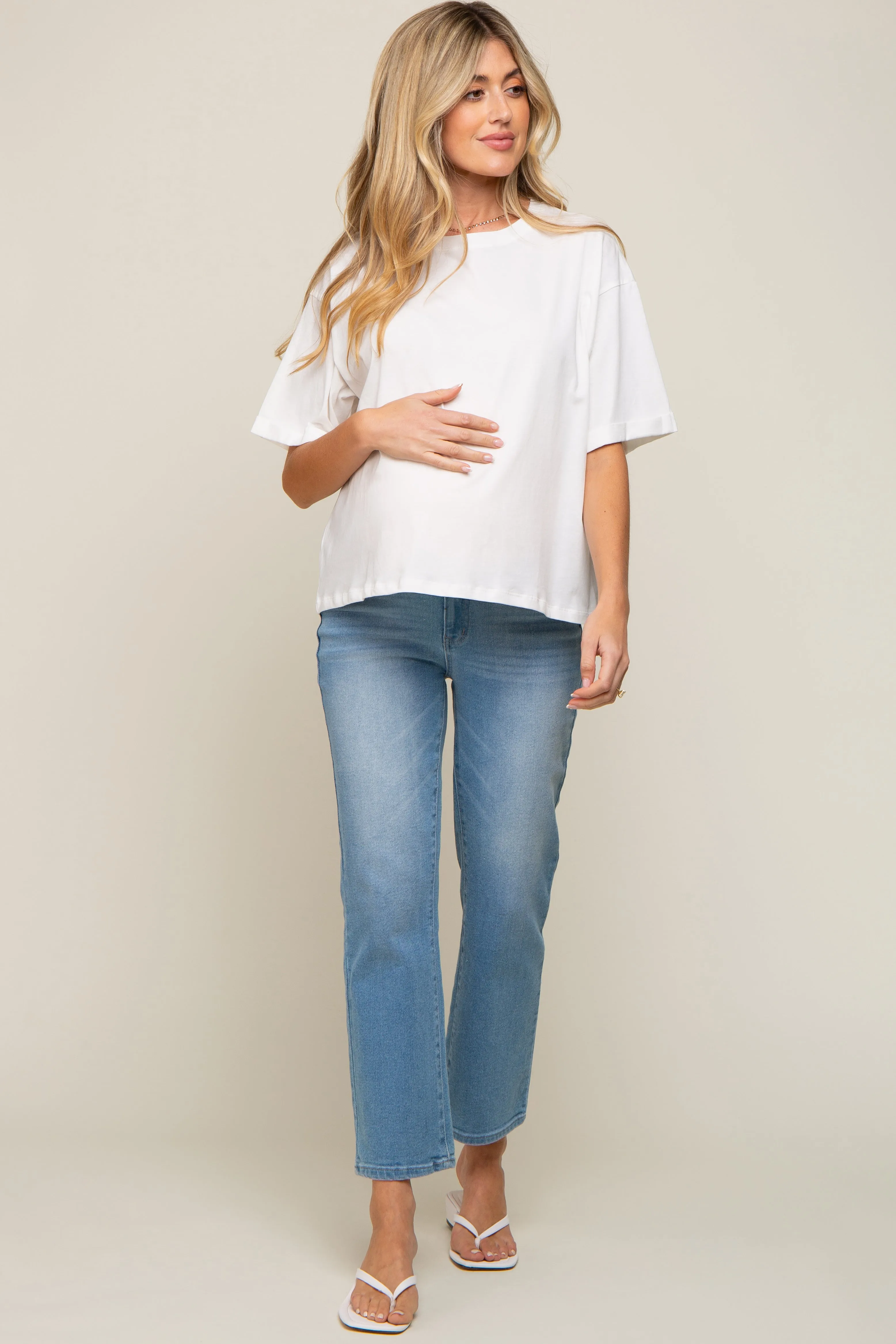White Basic Rolled Short Sleeve Maternity T-Shirt sold by Pinkblush product image thumbnail 4