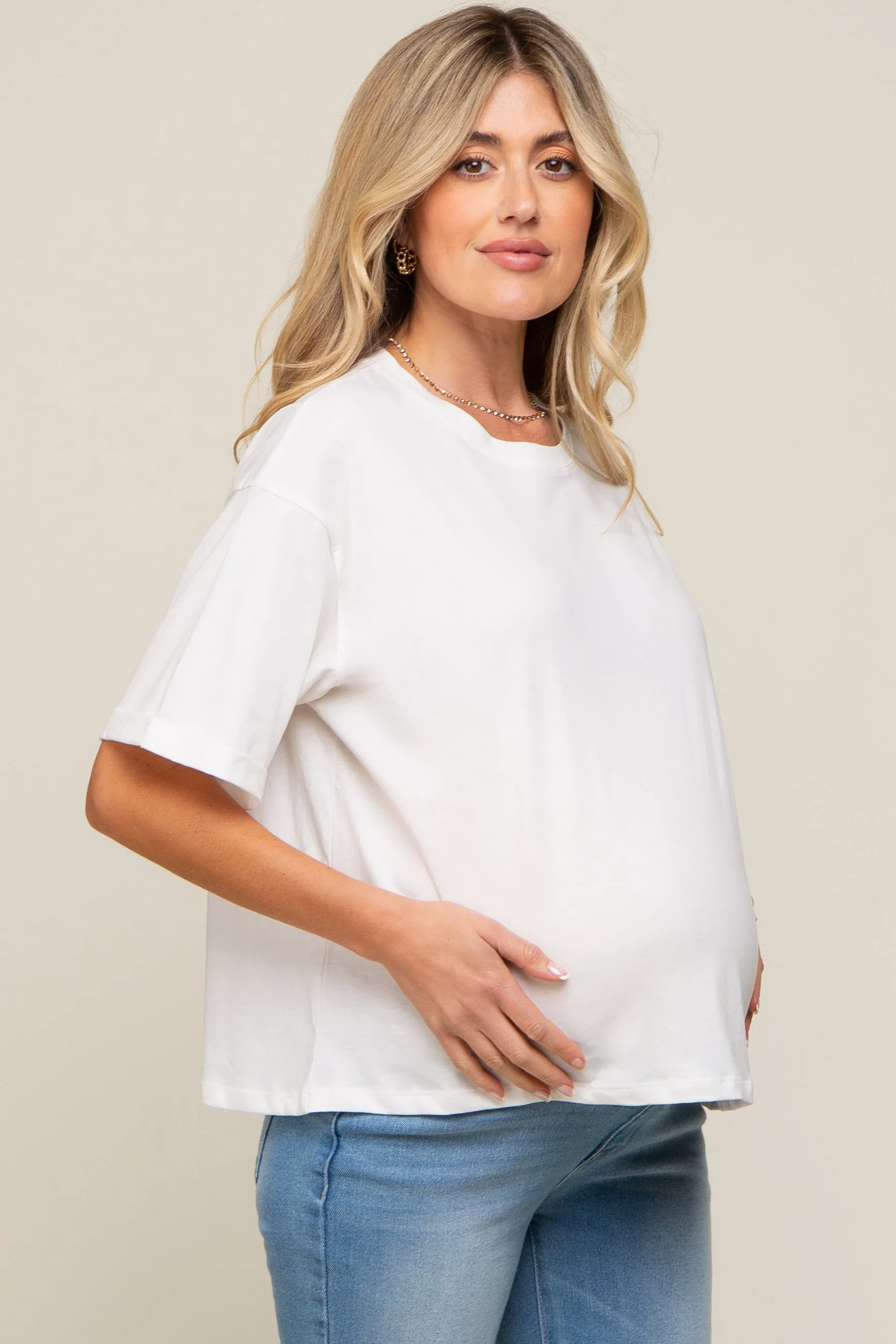 White Basic Rolled Short Sleeve Maternity T-Shirt sold by Pinkblush product image thumbnail 2