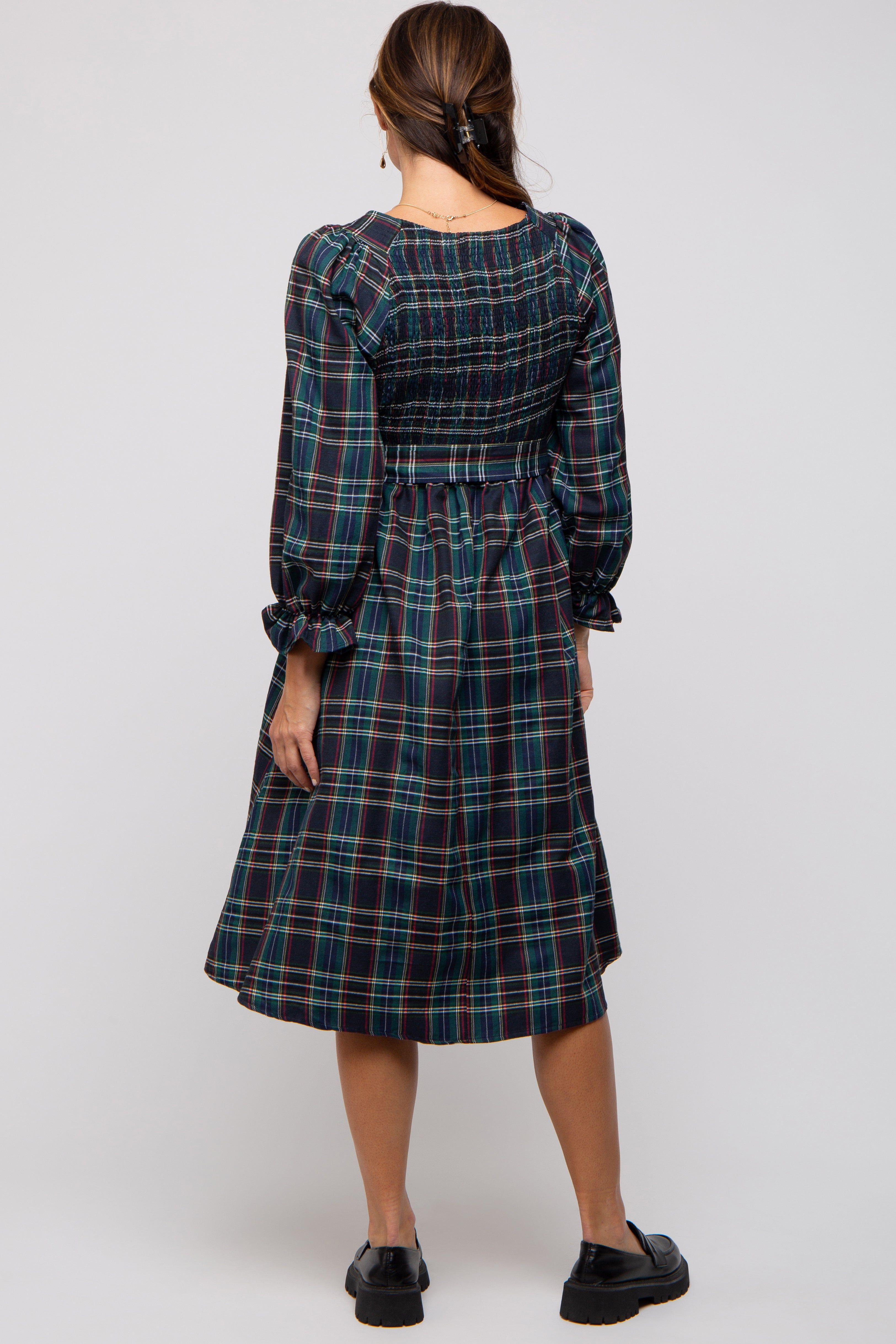 Forest Green Plaid Smocked A-Line Midi Dress sold by Pinkblush product image thumbnail 3