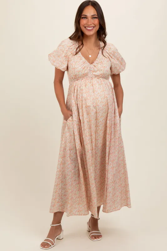 Peach Strawberry Floral Puff Sleeve Maternity Midi Dress sold by Pinkblush