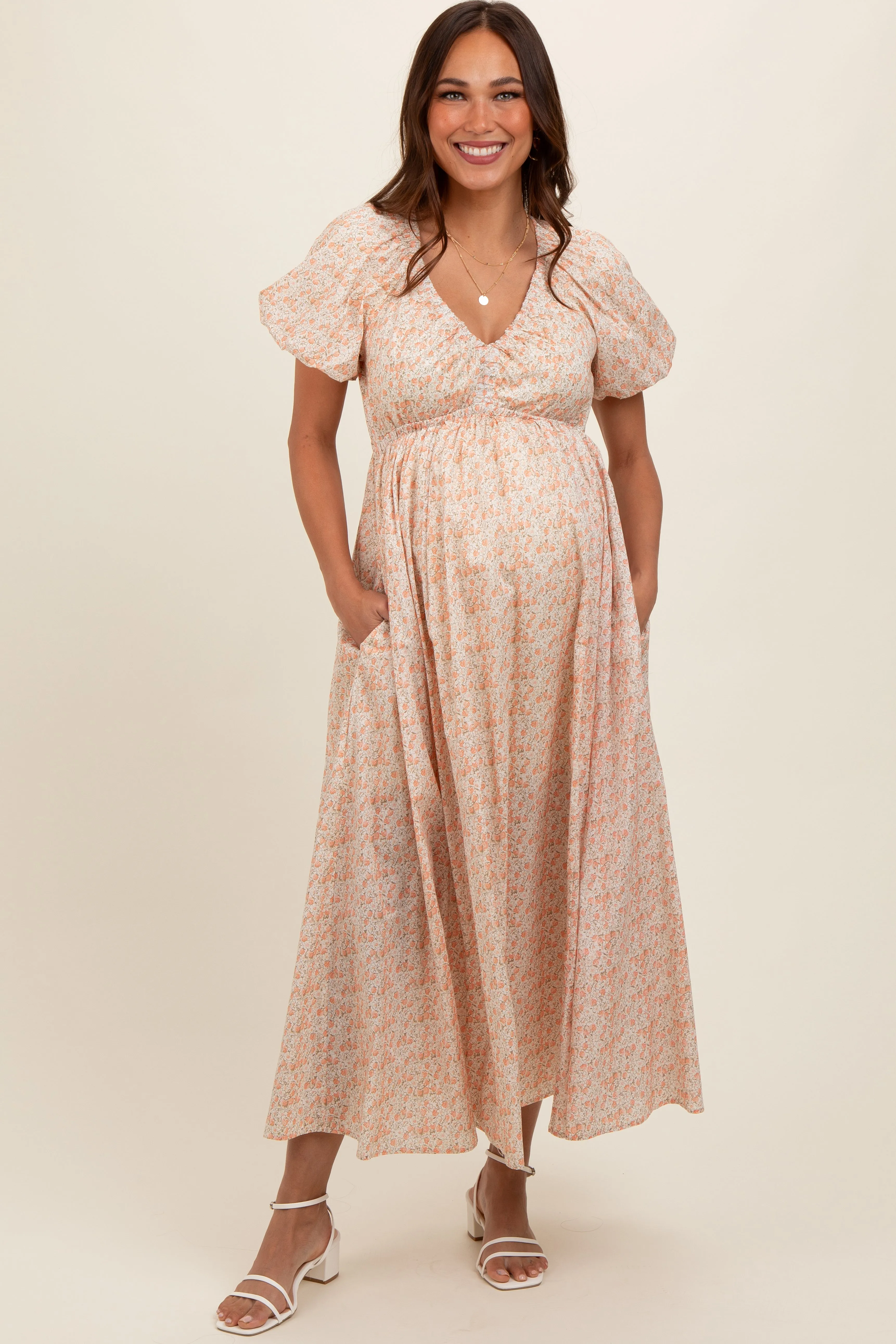 Peach Strawberry Floral Puff Sleeve Maternity Midi Dress sold by Pinkblush