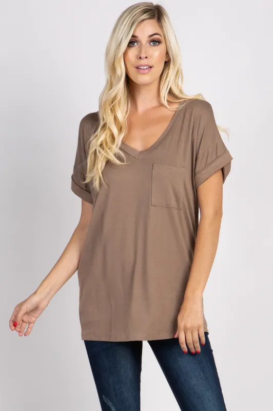 Taupe Solid Pocket Top sold by Pinkblush