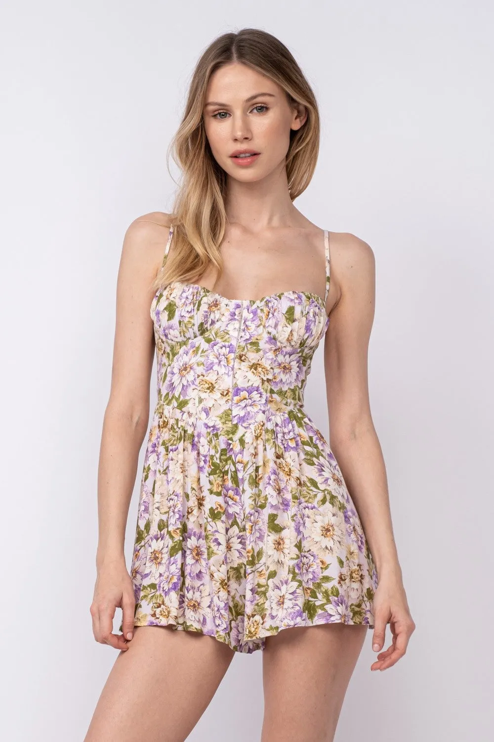 Lilac Floral Sleeveless Corset Shape Mini Romper sold by Pinkblush