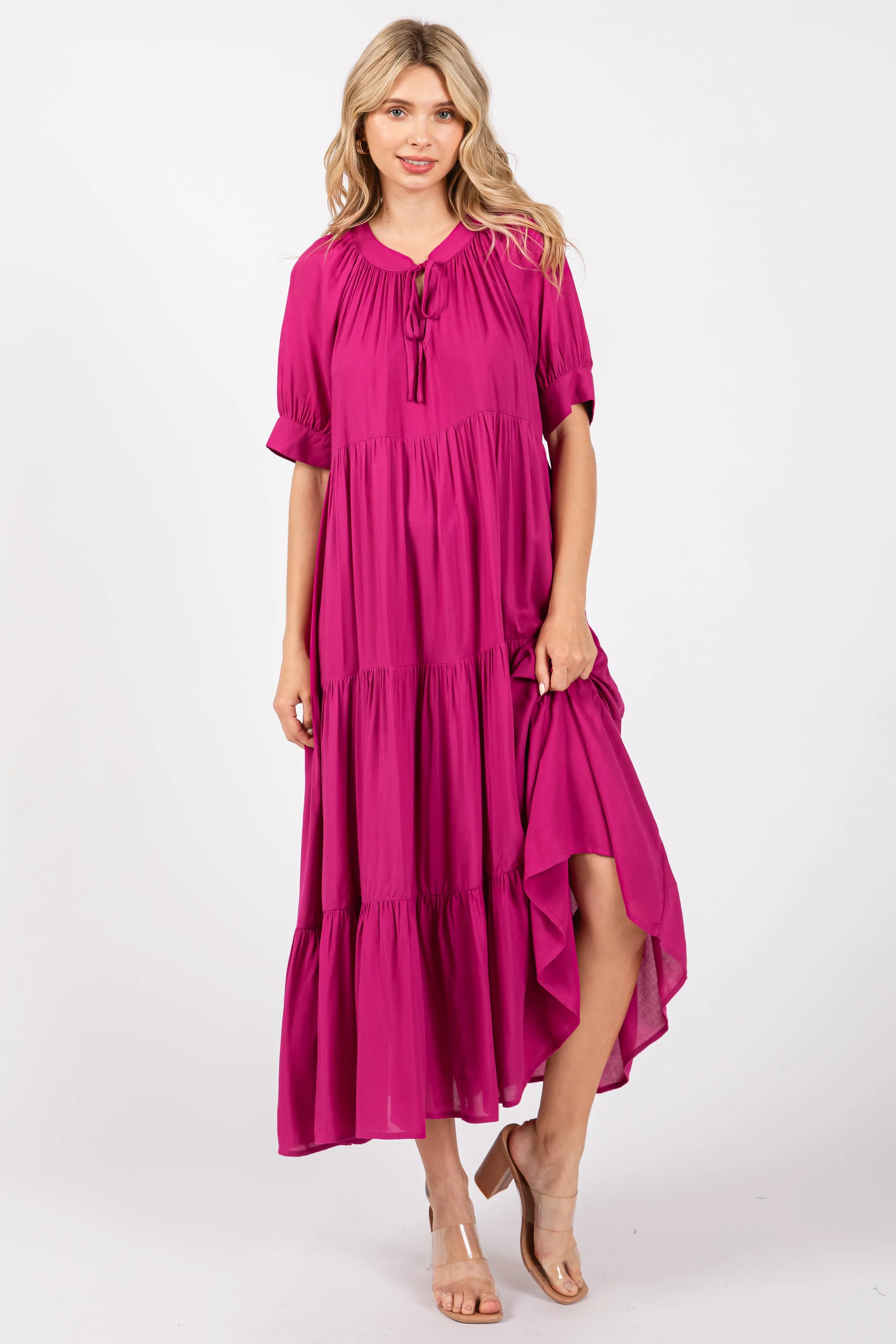 Magenta Lightweight Flowy Tiered Maxi Dress sold by Pinkblush product image thumbnail 4