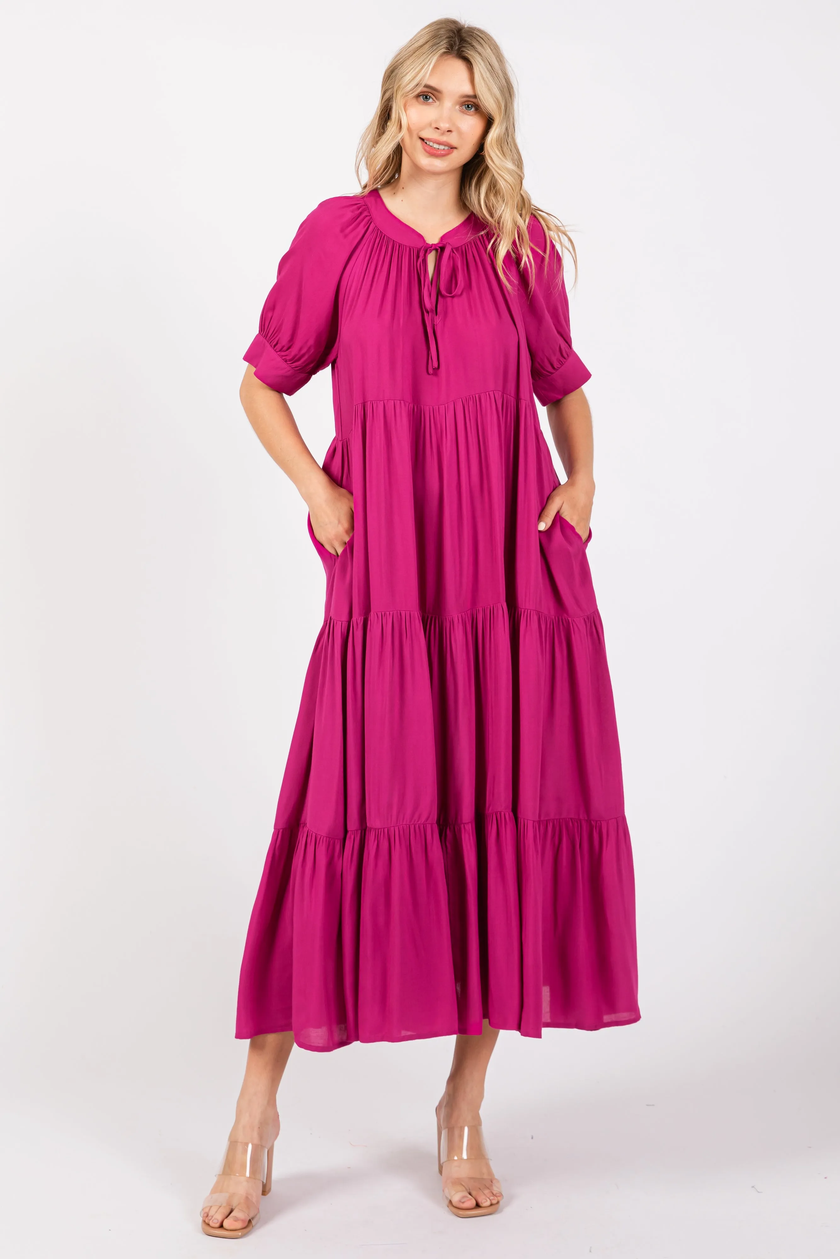Magenta Lightweight Flowy Tiered Maxi Dress sold by Pinkblush