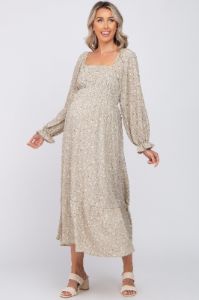 Light Olive Floral Square Neck Maternity Midi Dress sold by Pinkblush