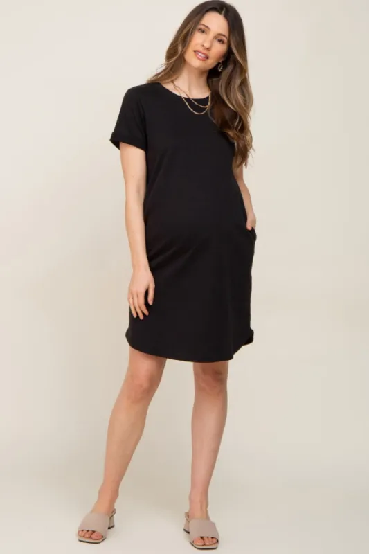 Black French Terry Cuffed Short Sleeve Maternity Dress sold by Pinkblush