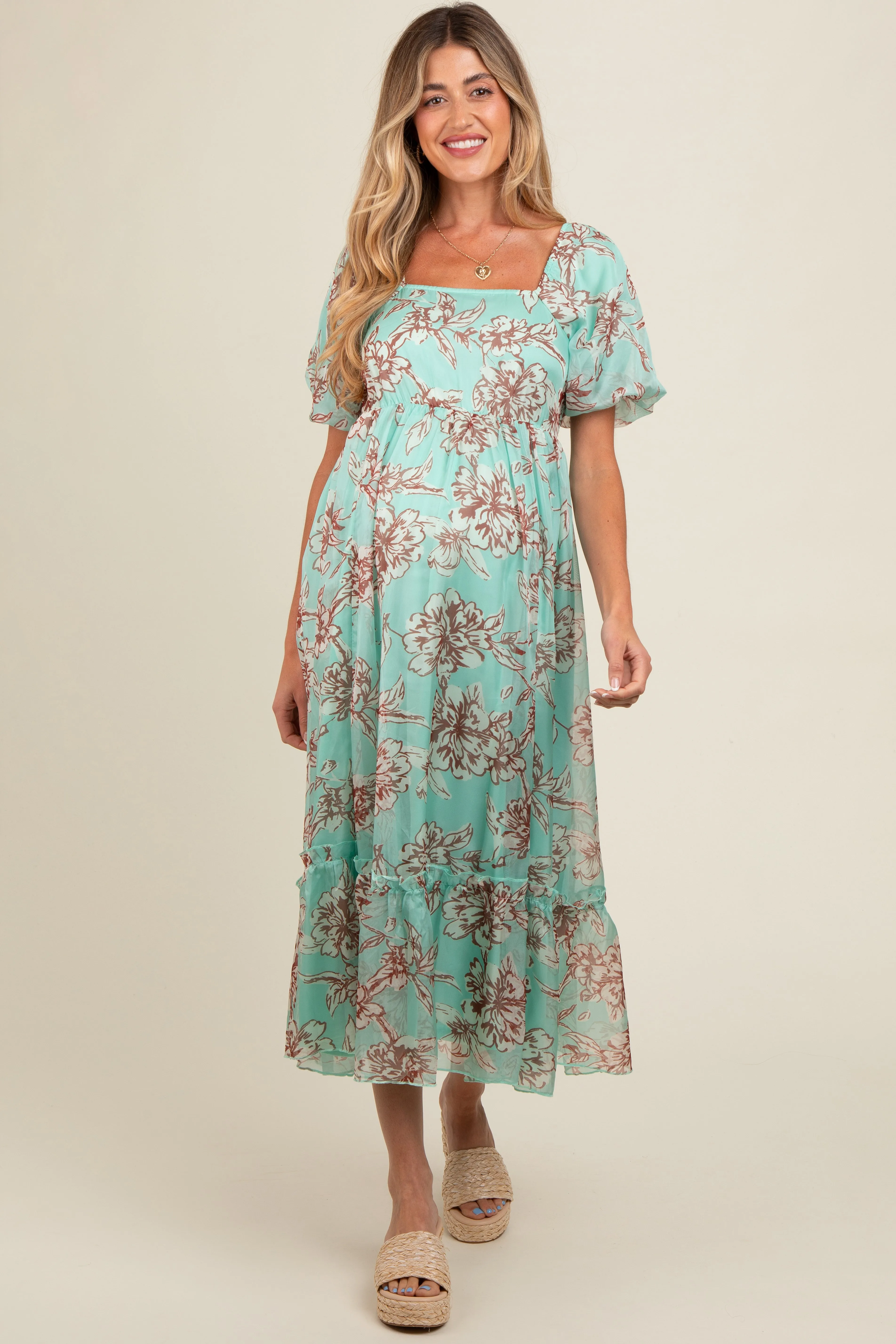 Mint Green Floral Chiffon Ruffle Hem Maternity Midi Dress sold by Pinkblush product image thumbnail 2