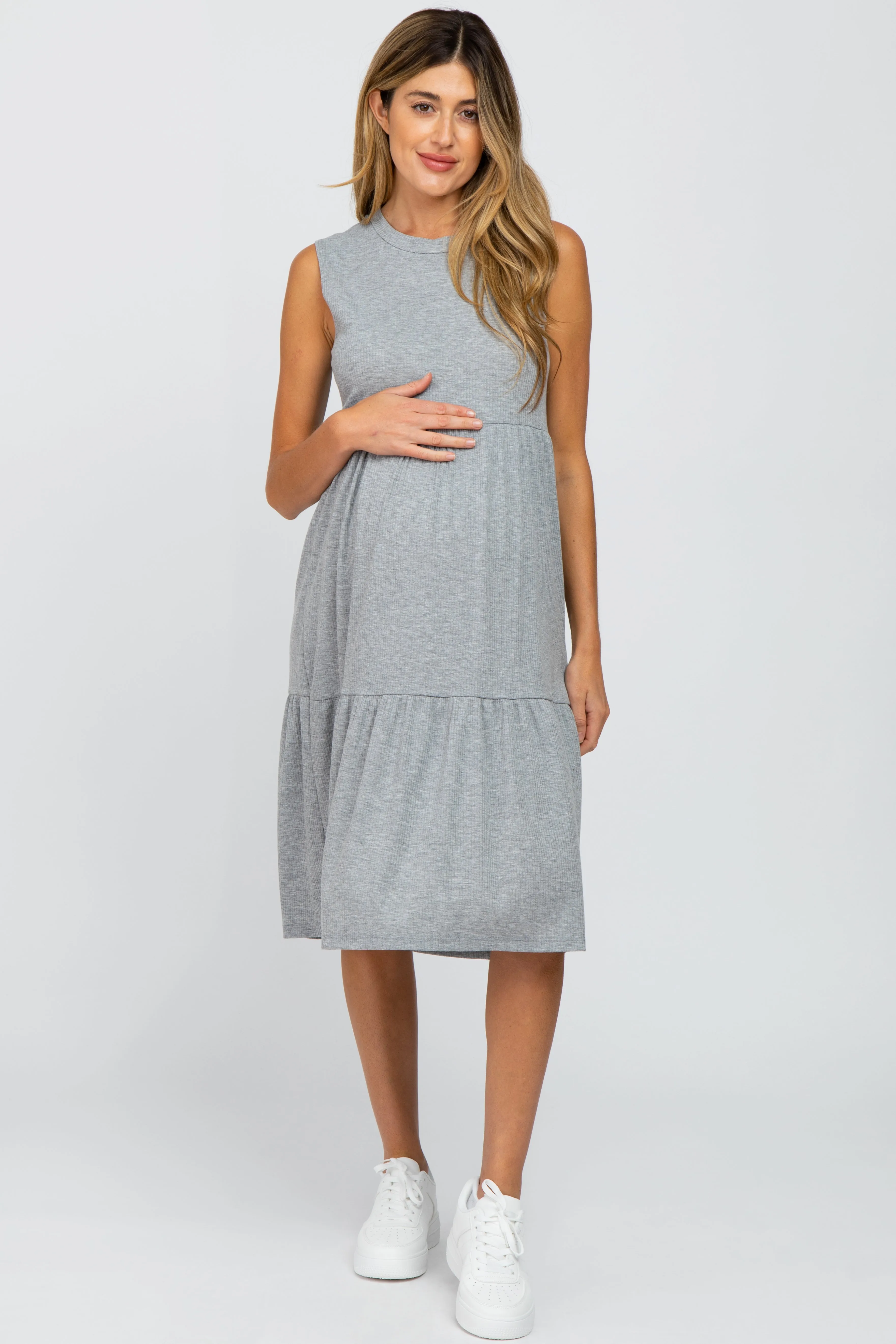 Heather Grey Ribbed Sleeveless Maternity Midi Dress sold by Pinkblush