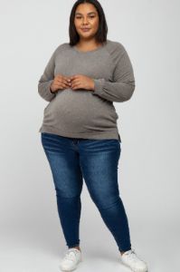 Taupe Hi- Low Side Slit Long Sleeve Maternity Plus Top sold by Pinkblush