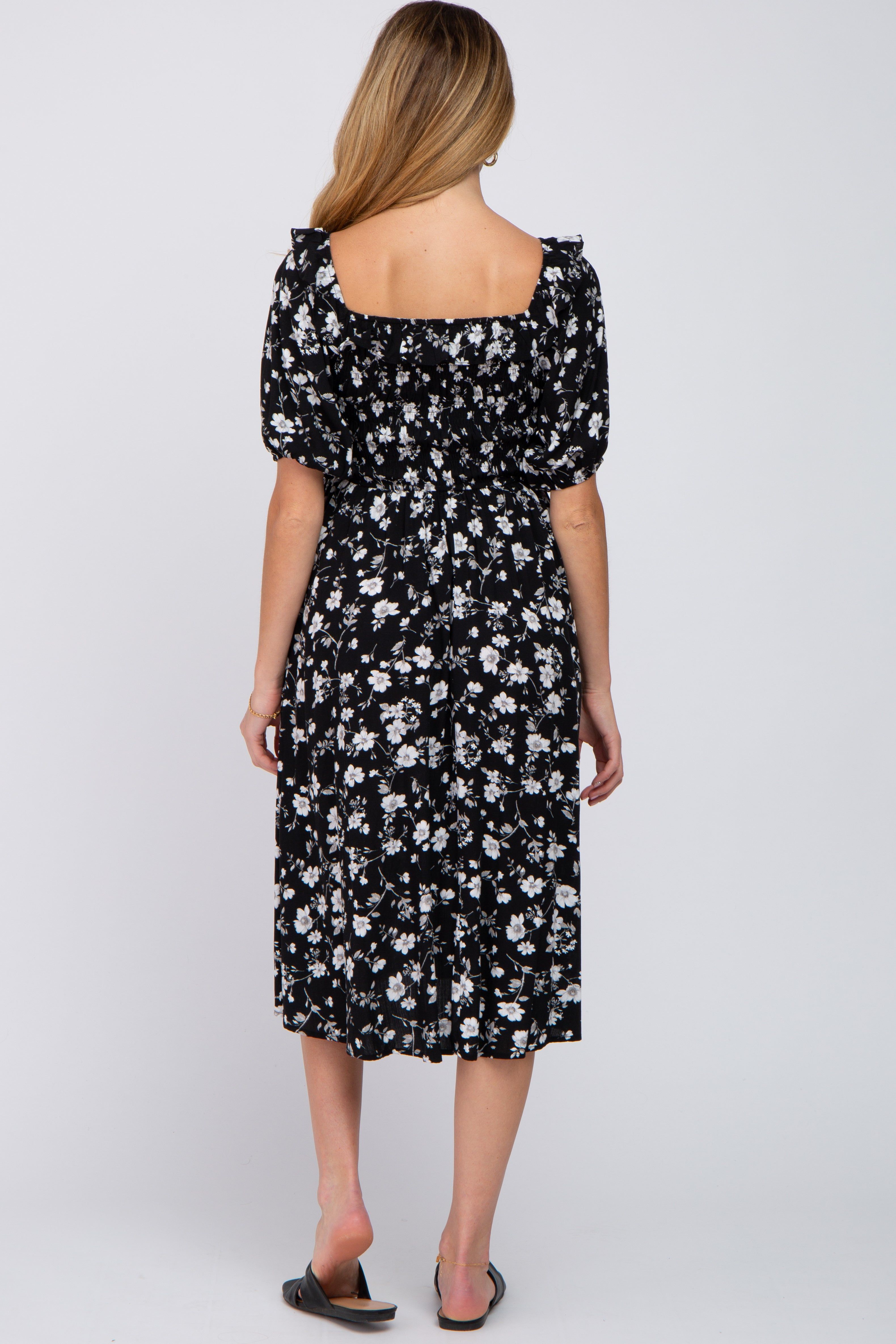 Black Floral Smocked Puff Sleeve Maternity Midi Dress sold by Pinkblush product image thumbnail 3