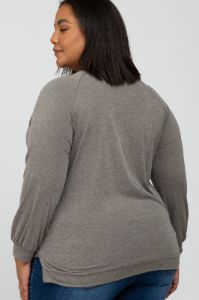 Taupe Hi- Low Side Slit Long Sleeve Maternity Plus Top sold by Pinkblush