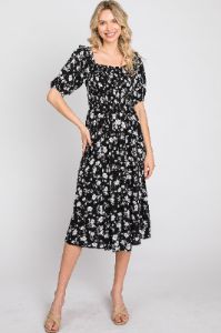 Black Floral Smocked Puff Sleeve Maternity Midi Dress sold by Pinkblush