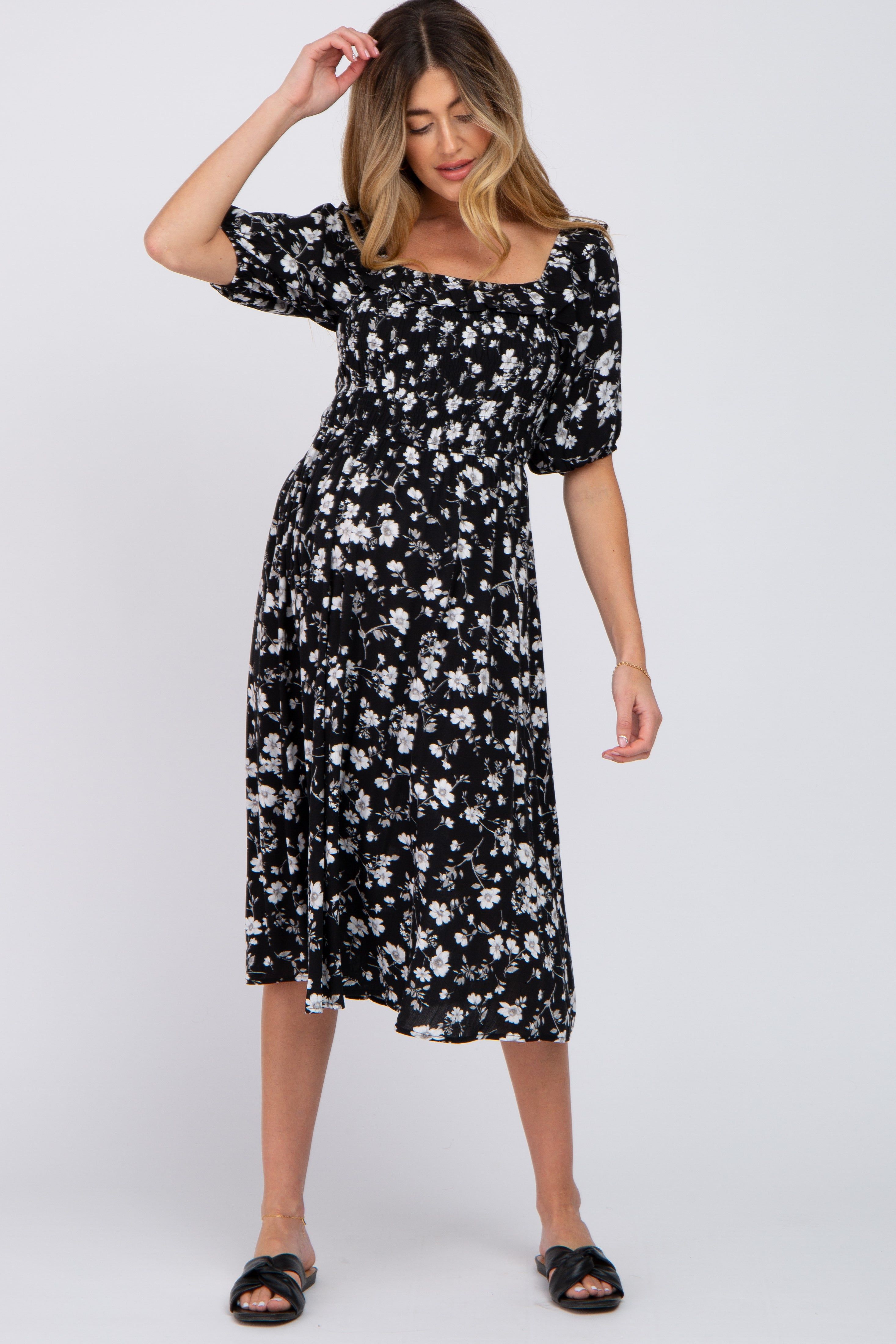 Black Floral Smocked Puff Sleeve Maternity Midi Dress sold by Pinkblush