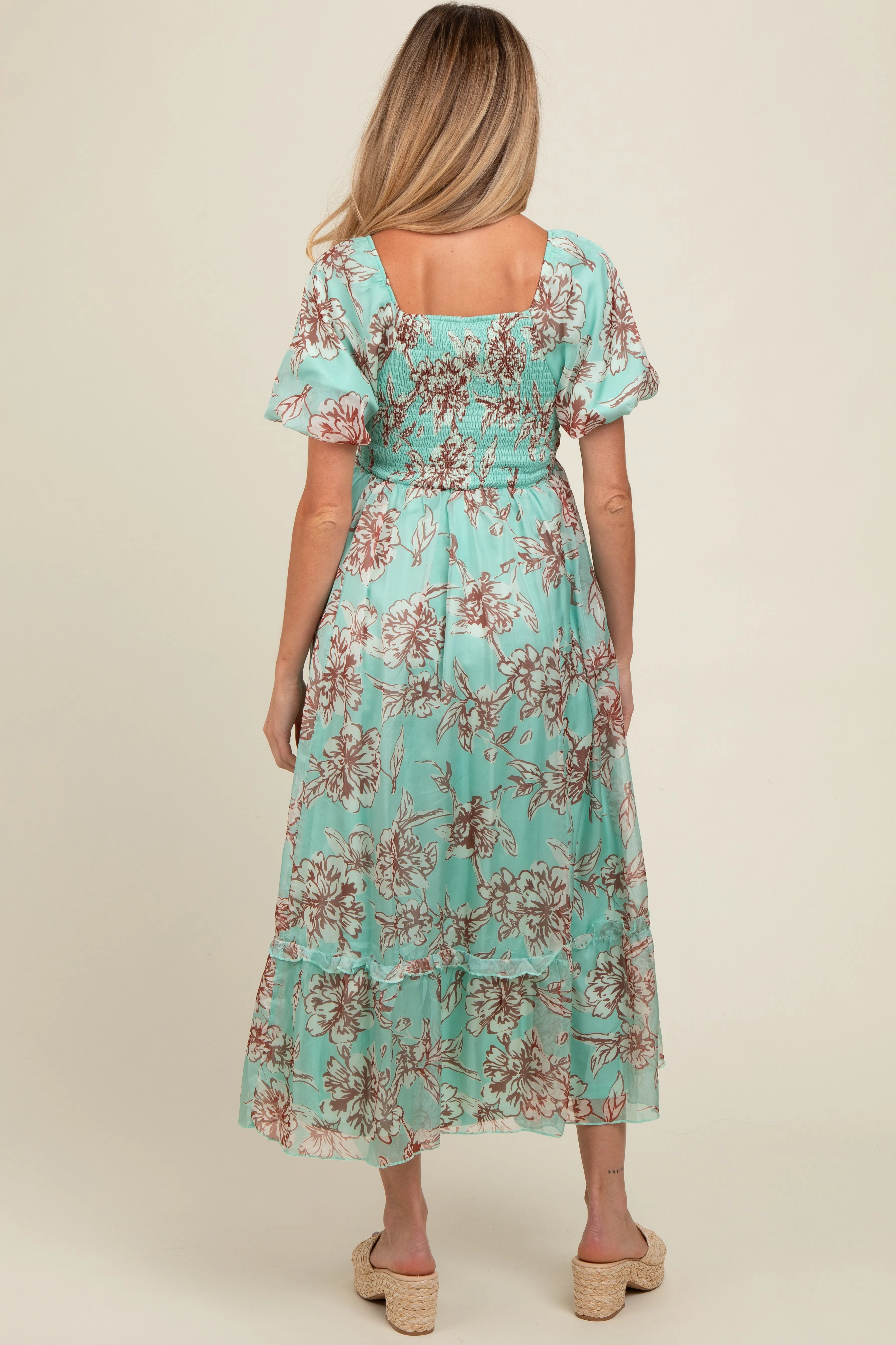 Mint Green Floral Chiffon Ruffle Hem Maternity Midi Dress sold by Pinkblush product image thumbnail 4