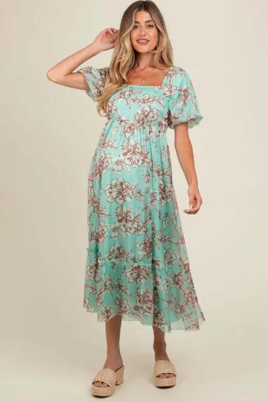 Mint Green Floral Chiffon Ruffle Hem Maternity Midi Dress made by Pinkblush