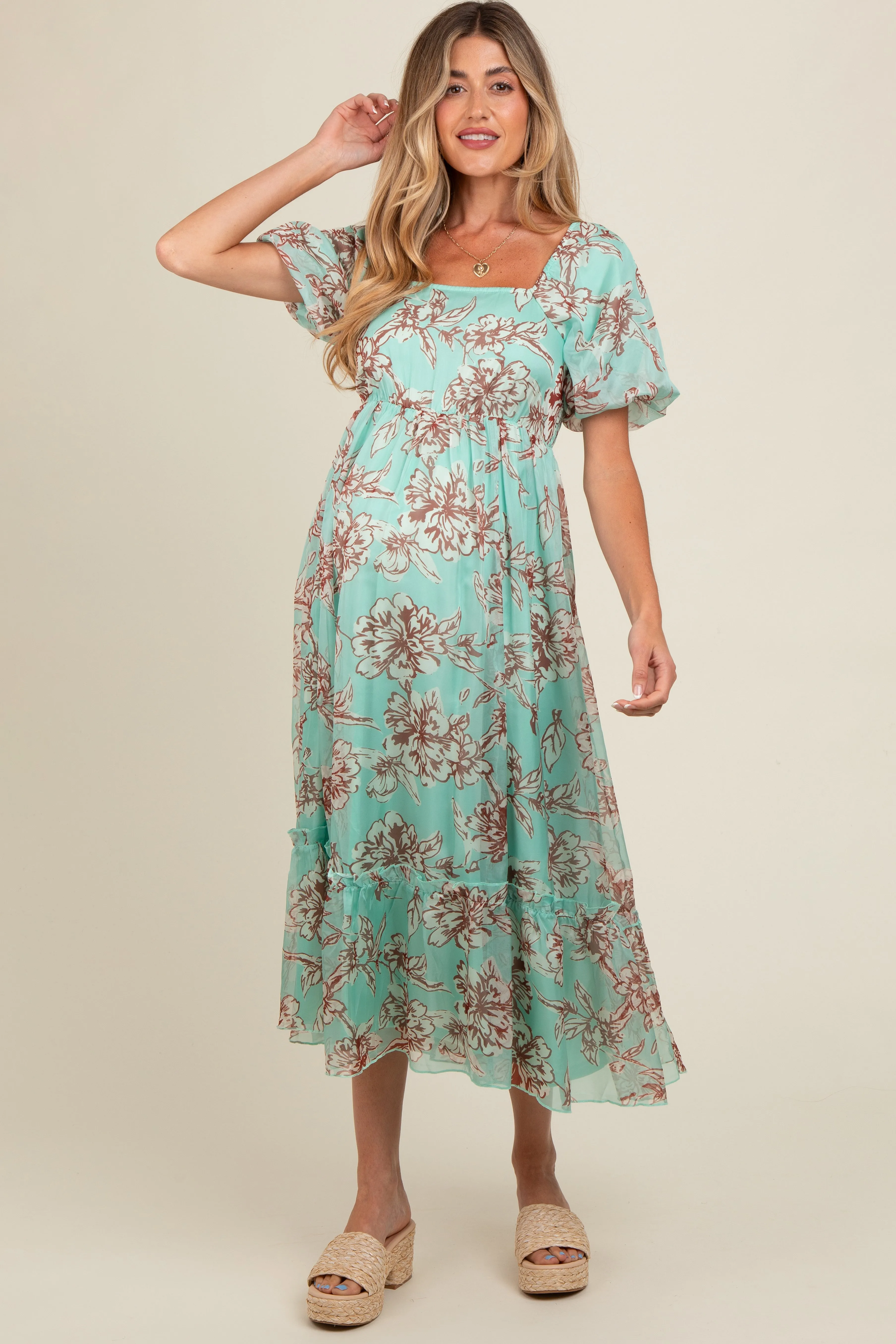 Mint Green Floral Chiffon Ruffle Hem Maternity Midi Dress sold by Pinkblush