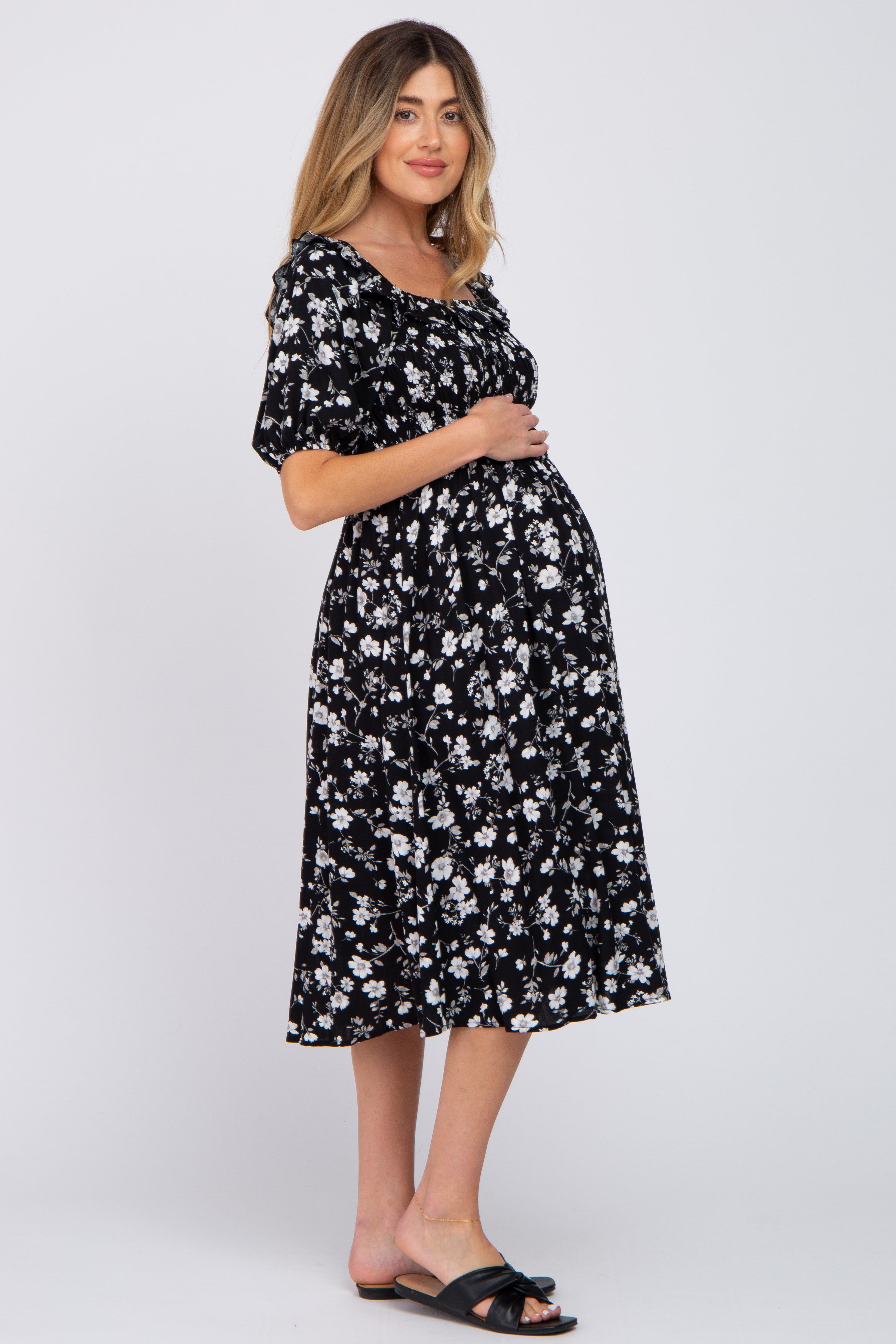 Black Floral Smocked Puff Sleeve Maternity Midi Dress sold by Pinkblush product image thumbnail 2