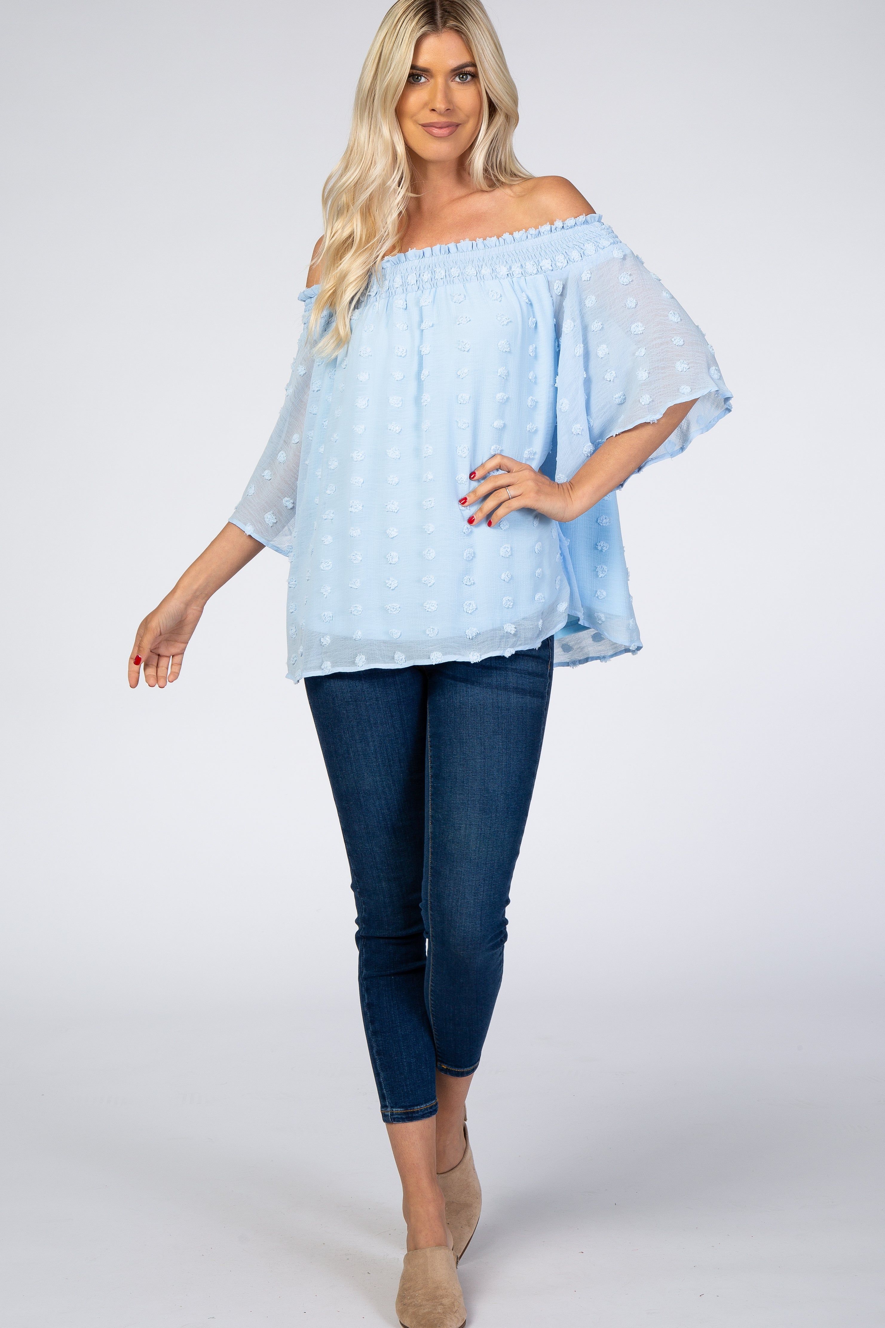 Light Blue Textured Dot Smocked Off Shoulder Chiffon Blouse sold by Pinkblush product image thumbnail 4
