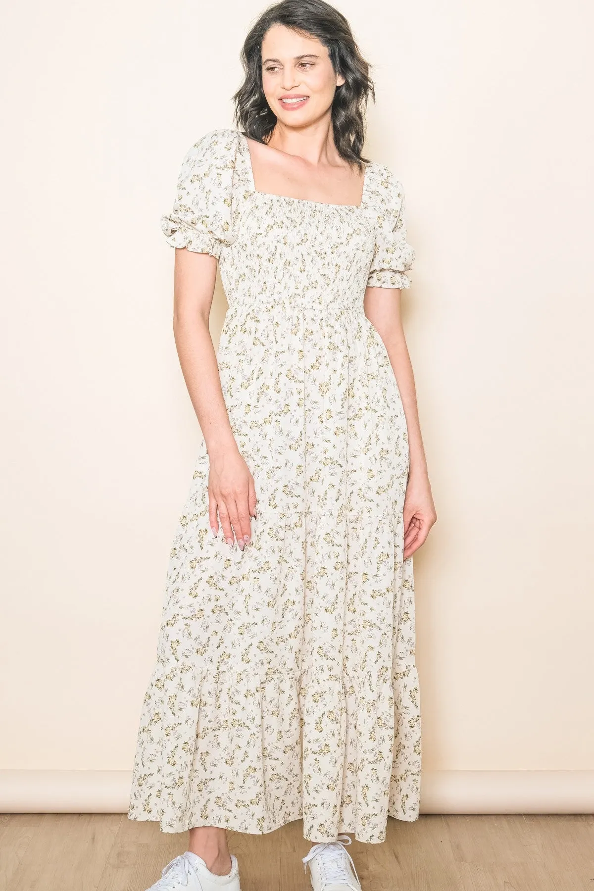 Cream Floral Smocked Square Neck Tiered Puff Short Sleeve Maxi Dress sold by Pinkblush