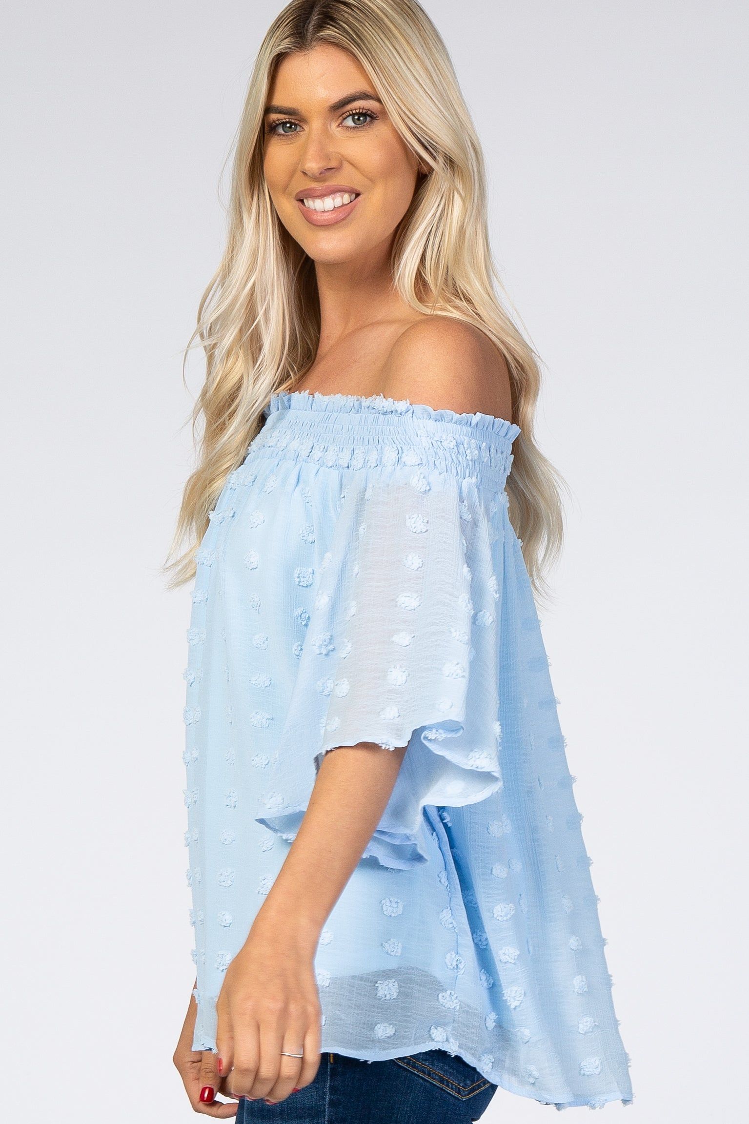 Light Blue Textured Dot Smocked Off Shoulder Chiffon Blouse sold by Pinkblush product image thumbnail 2
