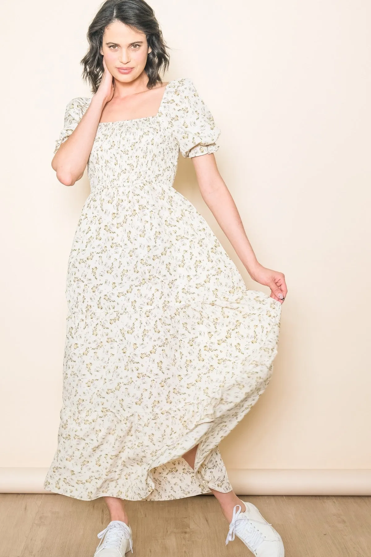 Cream Floral Smocked Square Neck Tiered Puff Short Sleeve Maxi Dress sold by Pinkblush product image thumbnail 2
