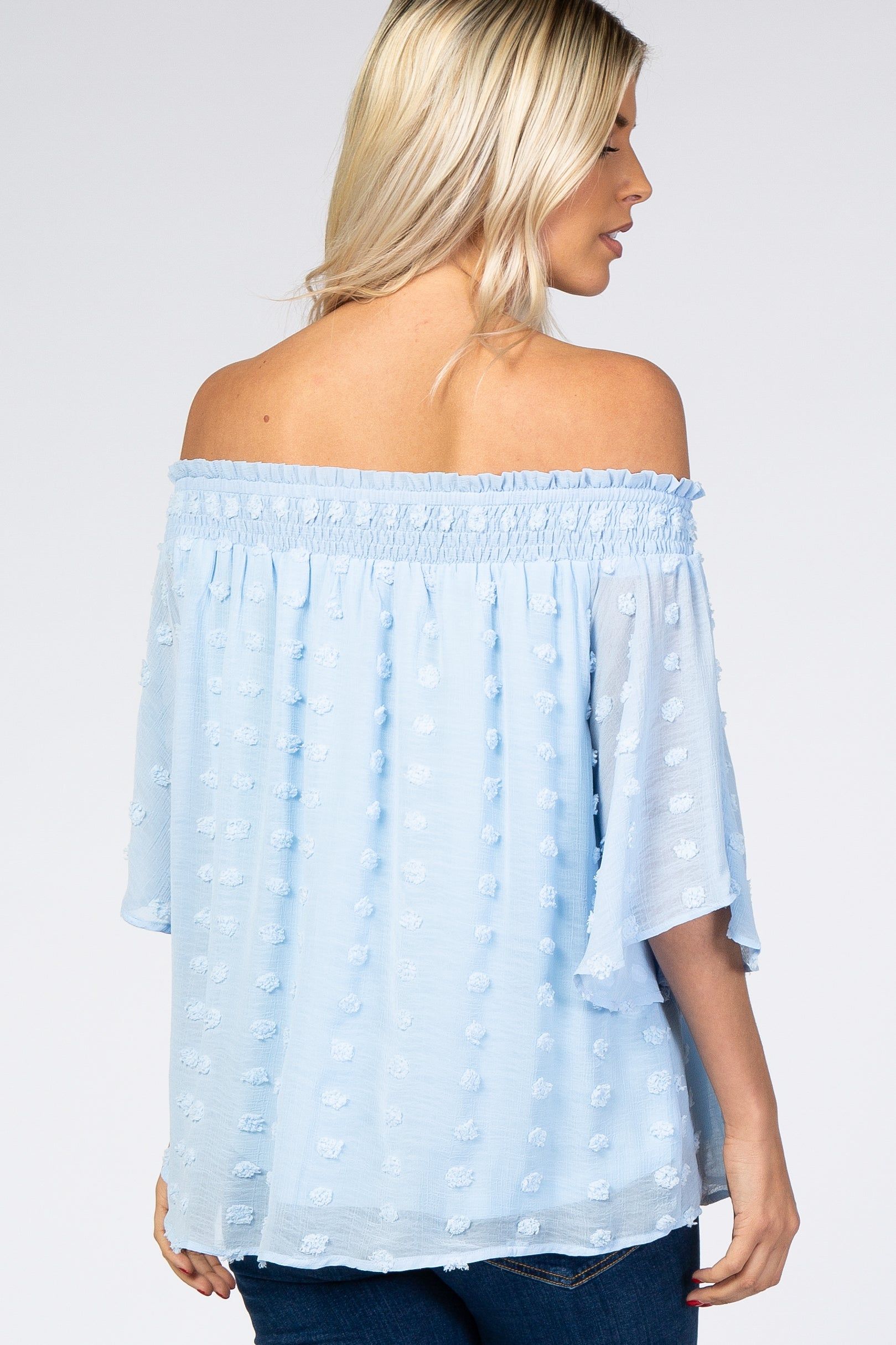 Light Blue Textured Dot Smocked Off Shoulder Chiffon Blouse sold by Pinkblush product image thumbnail 3