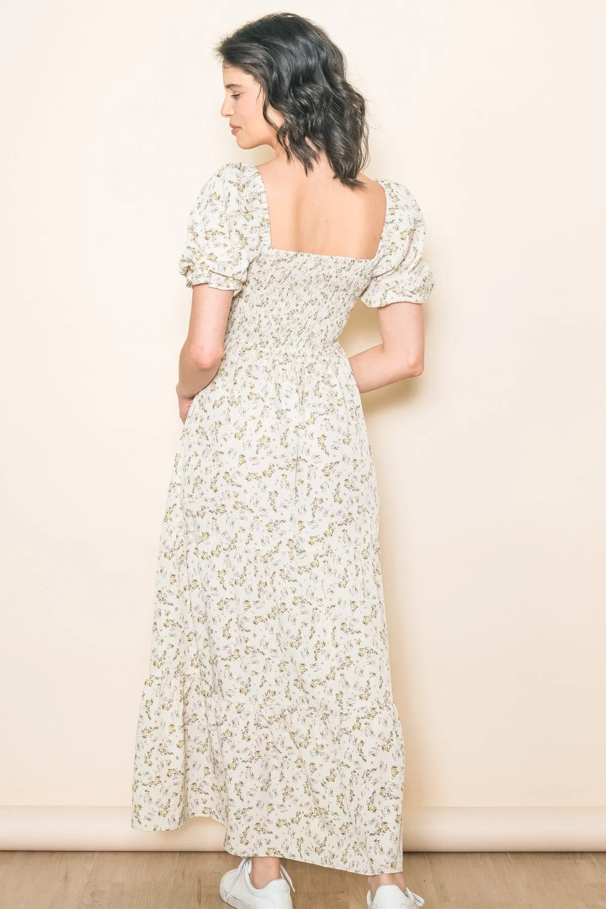 Cream Floral Smocked Square Neck Tiered Puff Short Sleeve Maxi Dress sold by Pinkblush product image thumbnail 3