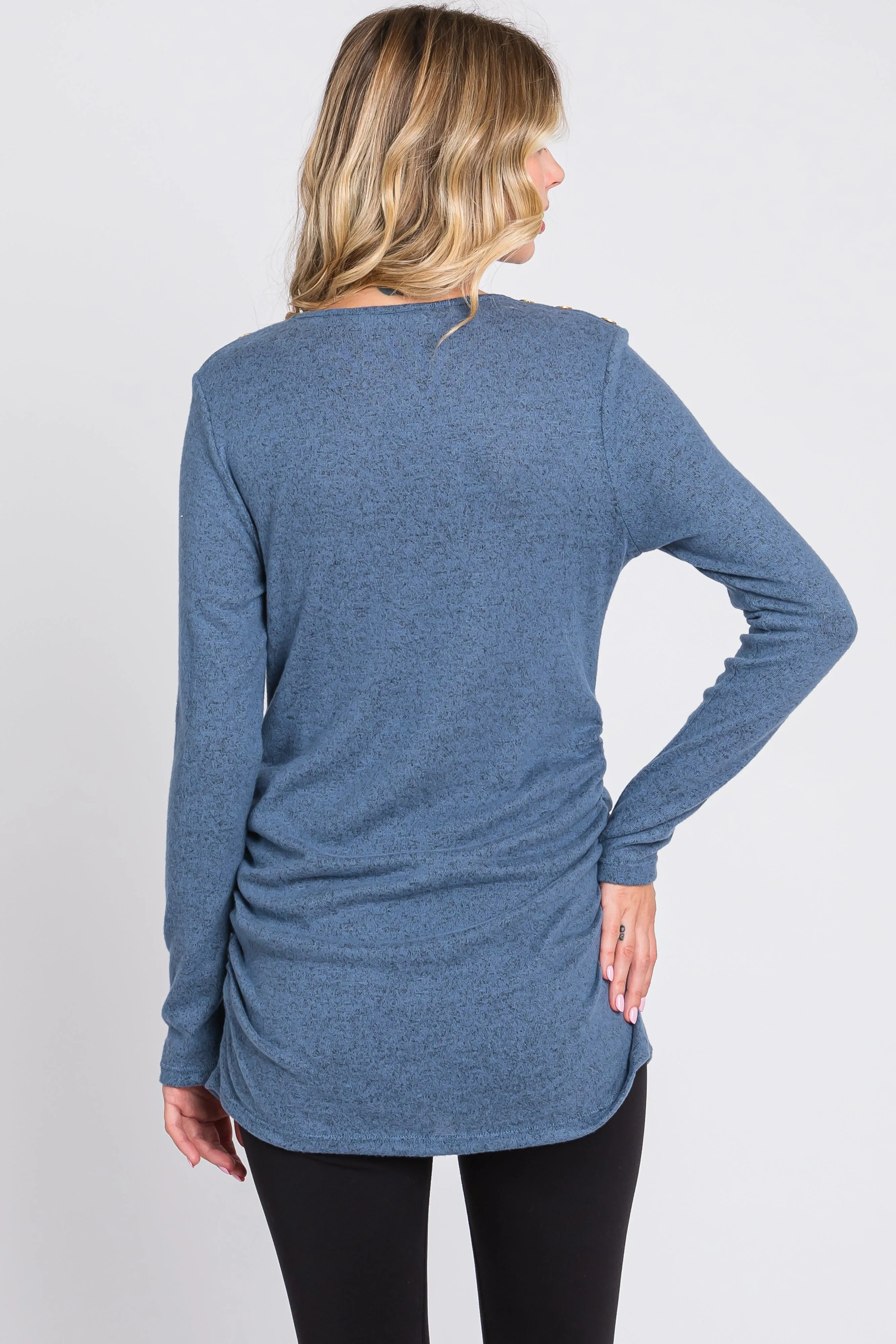 Blue Soft Knit Button Shoulder Ruched Side Top sold by Pinkblush product image thumbnail 3