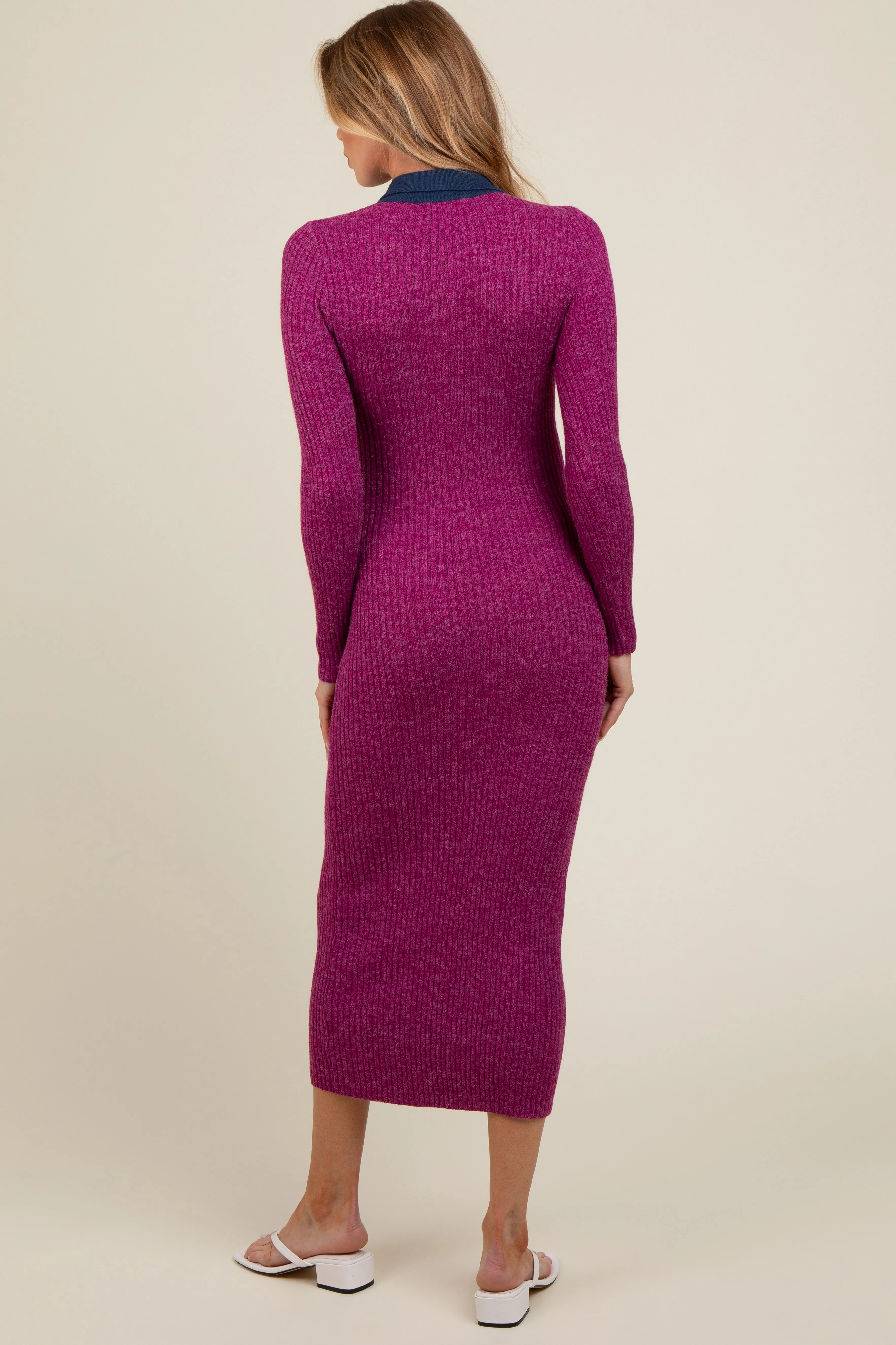 Magenta Collared Button Front Long Sleeve Maternity Midi Sweater Dress sold by Pinkblush product image thumbnail 4
