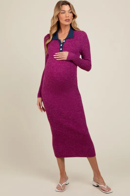 Magenta Collared Button Front Long Sleeve Maternity Midi Sweater Dress sold by Pinkblush