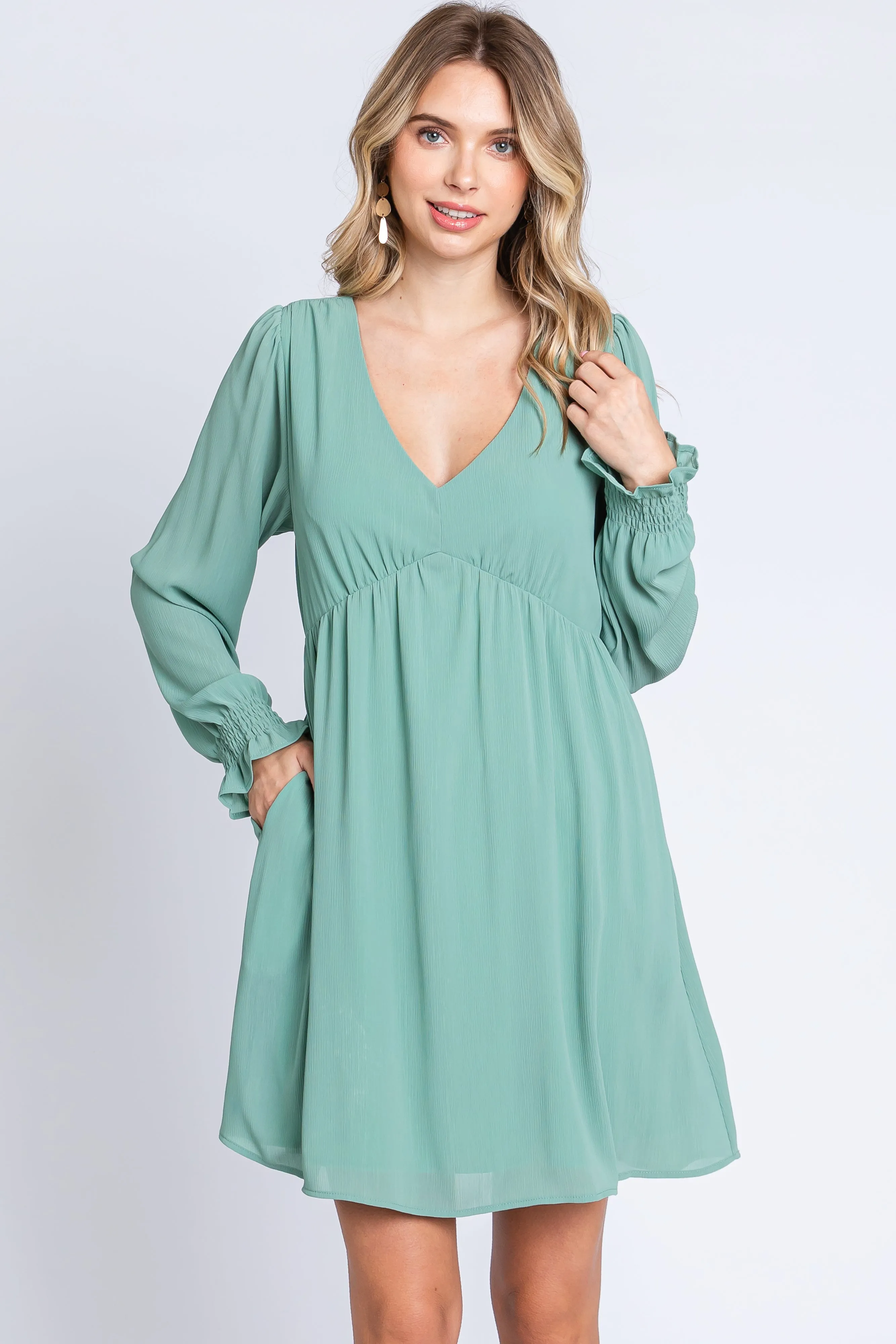 Mint Green V-Neck Long Sleeve Dress sold by Pinkblush
