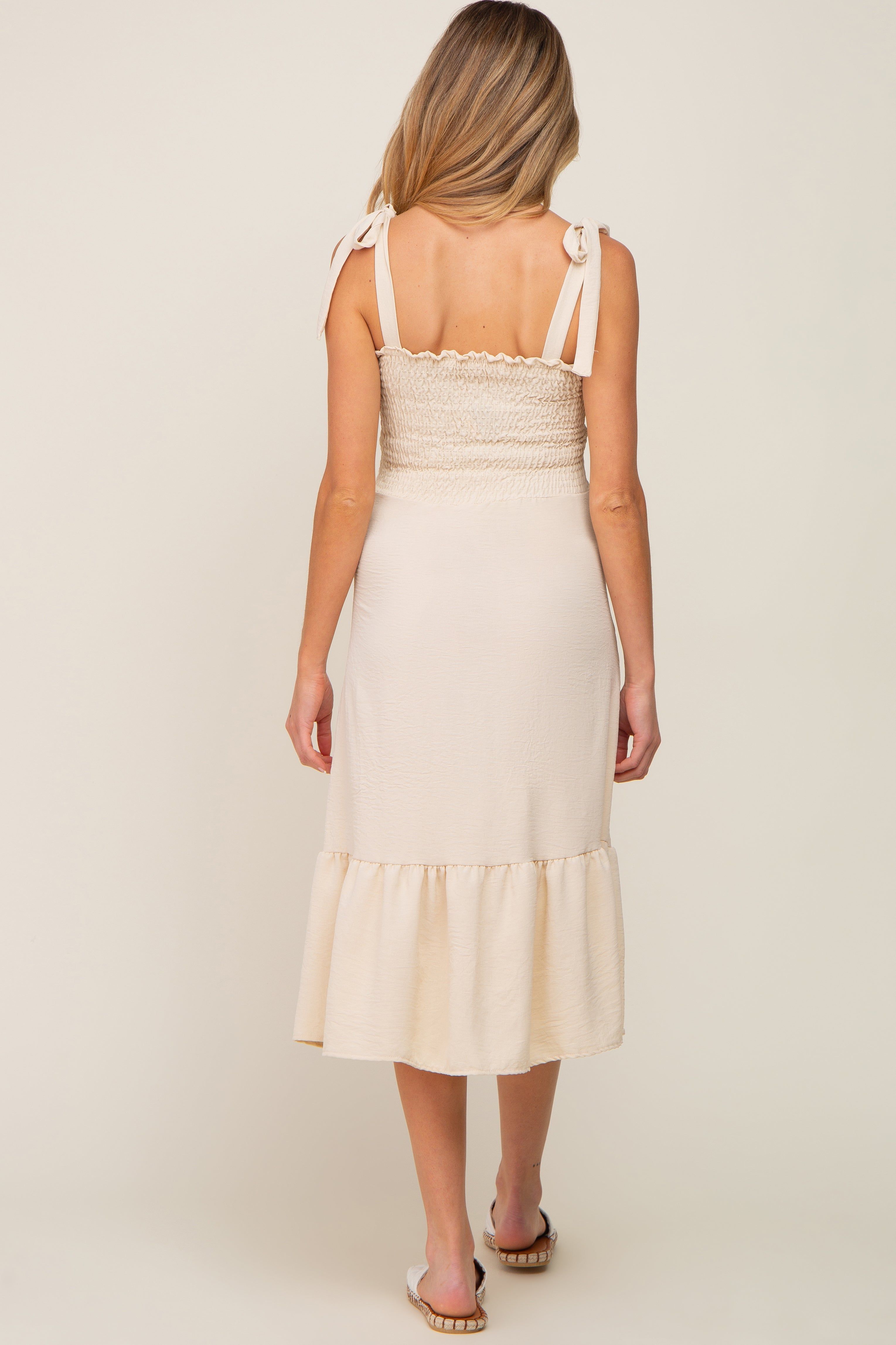 Cream Smocked Shoulder Tie Maternity Midi Dress sold by Pinkblush product image thumbnail 3