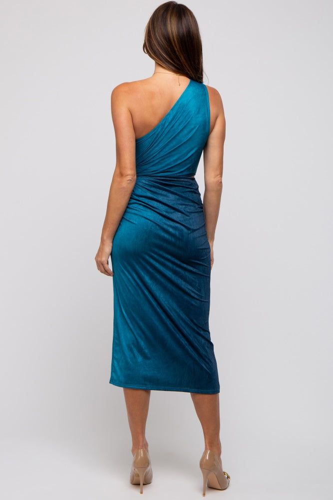Teal One Shoulder Side Cutout Ruched Midi Dress sold by Pinkblush product image thumbnail 3
