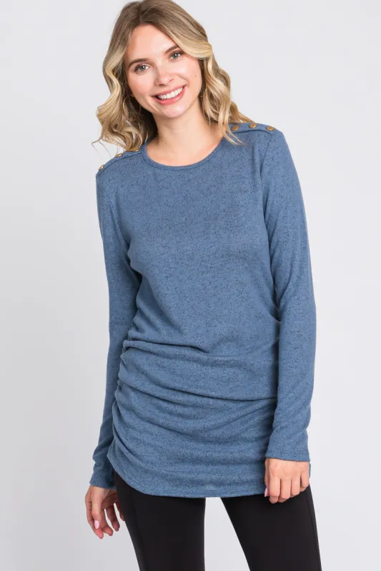 Blue Soft Knit Button Shoulder Ruched Side Top sold by Pinkblush