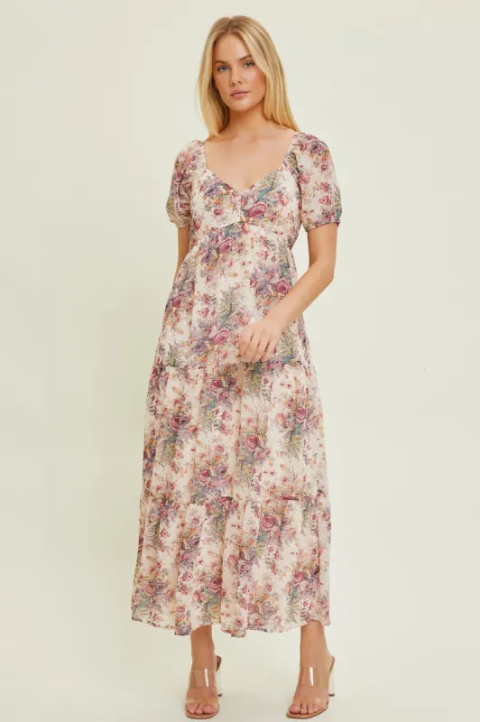 Cream Floral Chiffon Maxi Dress sold by Pinkblush