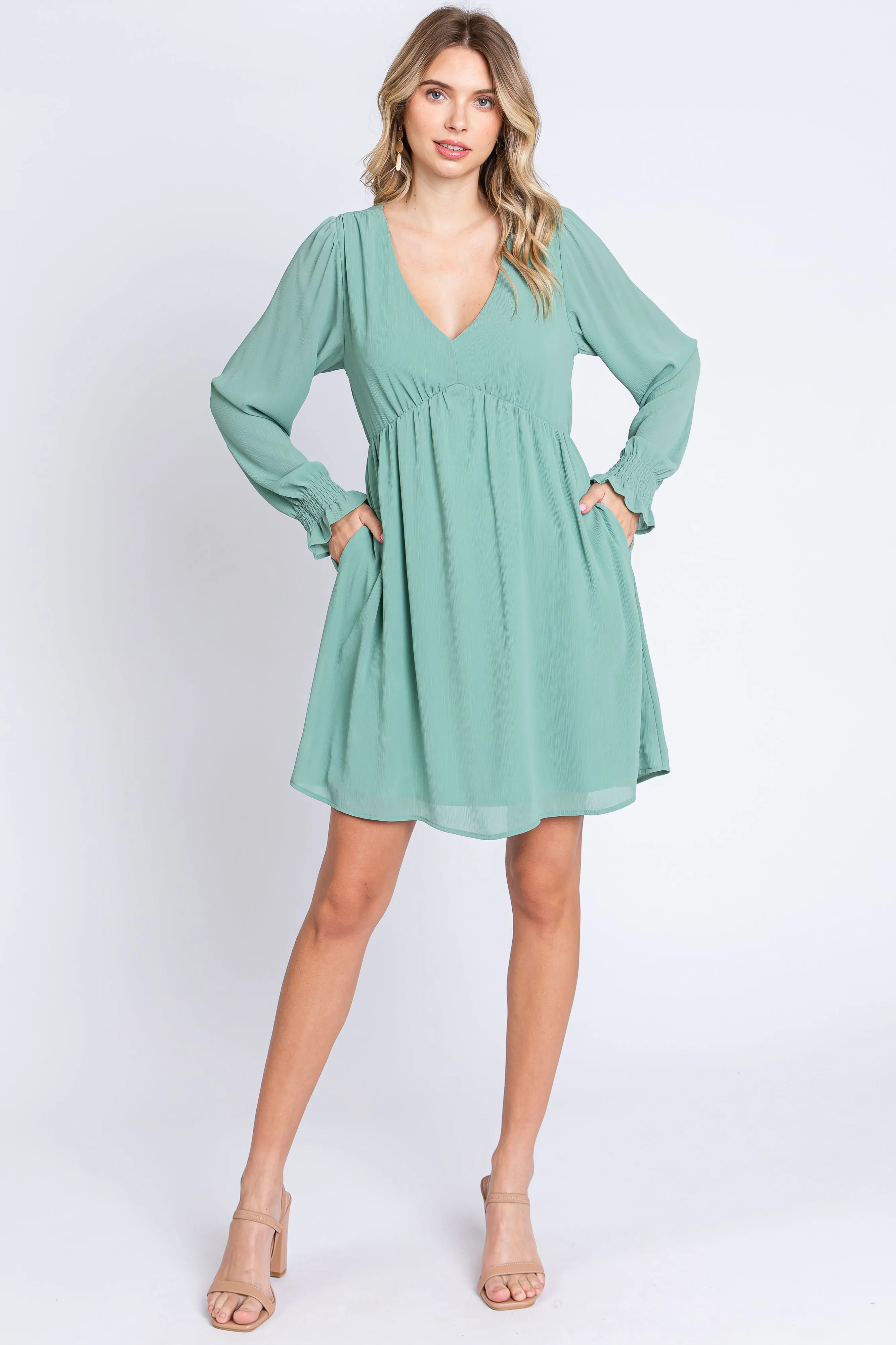 Mint Green V-Neck Long Sleeve Dress sold by Pinkblush product image thumbnail 2