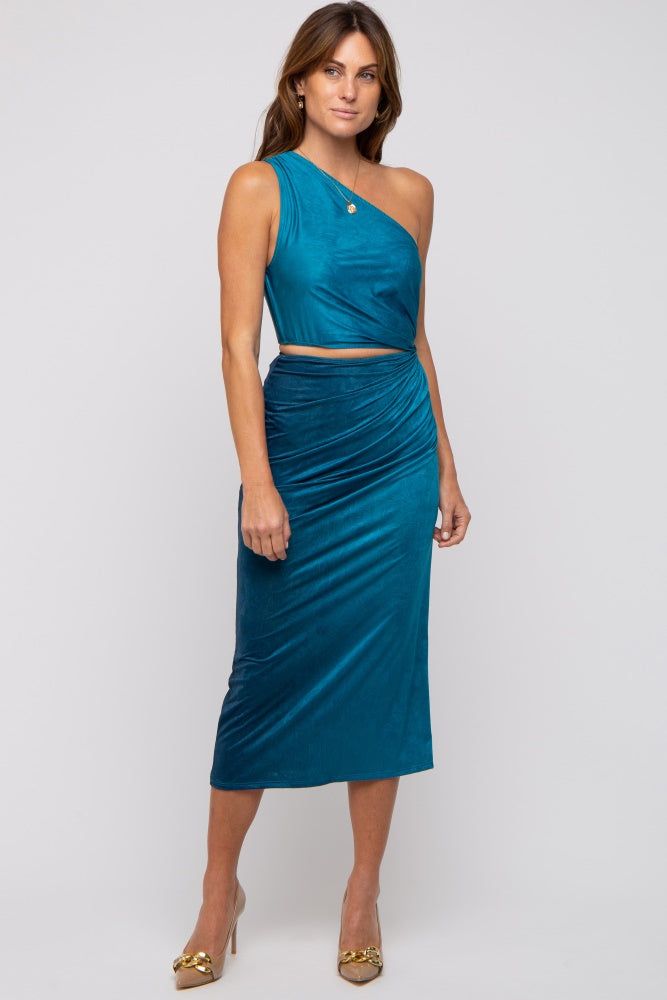 Teal One Shoulder Side Cutout Ruched Midi Dress sold by Pinkblush product image thumbnail 4