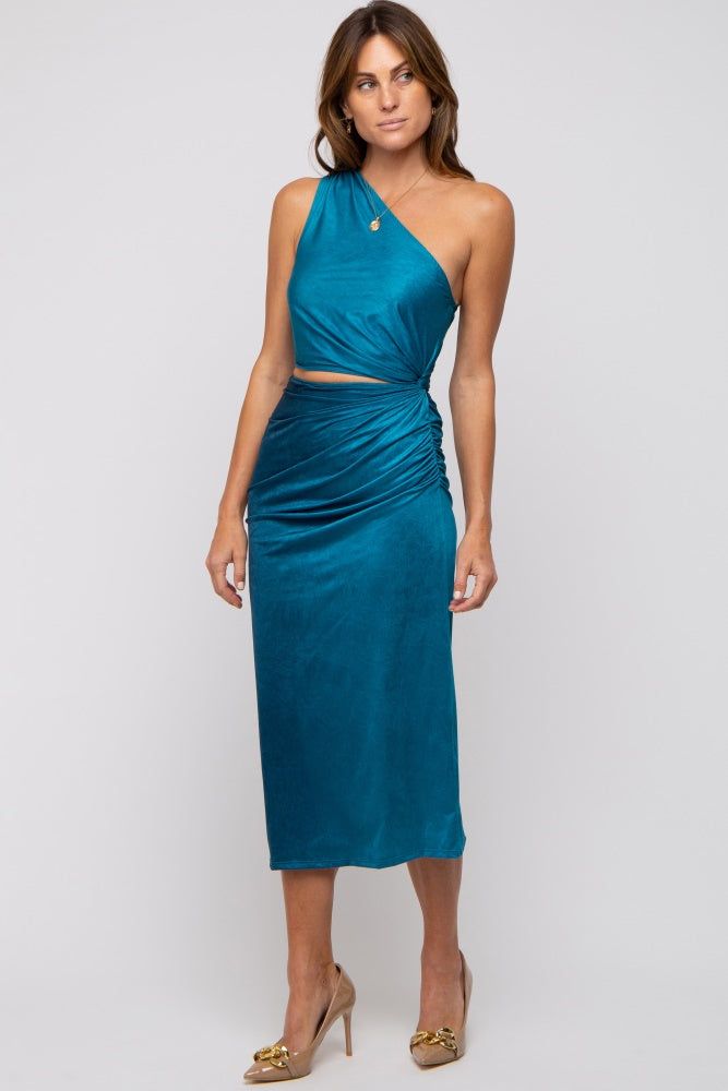 Teal One Shoulder Side Cutout Ruched Midi Dress sold by Pinkblush