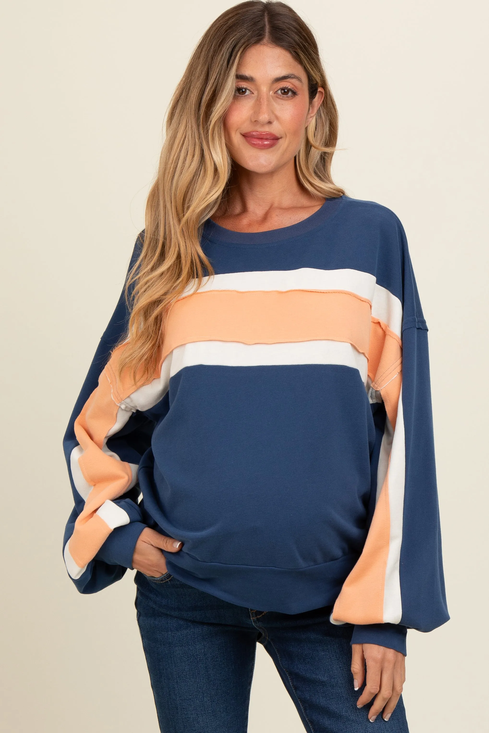 Navy Blue Colorblock Maternity Pullover Top sold by Pinkblush