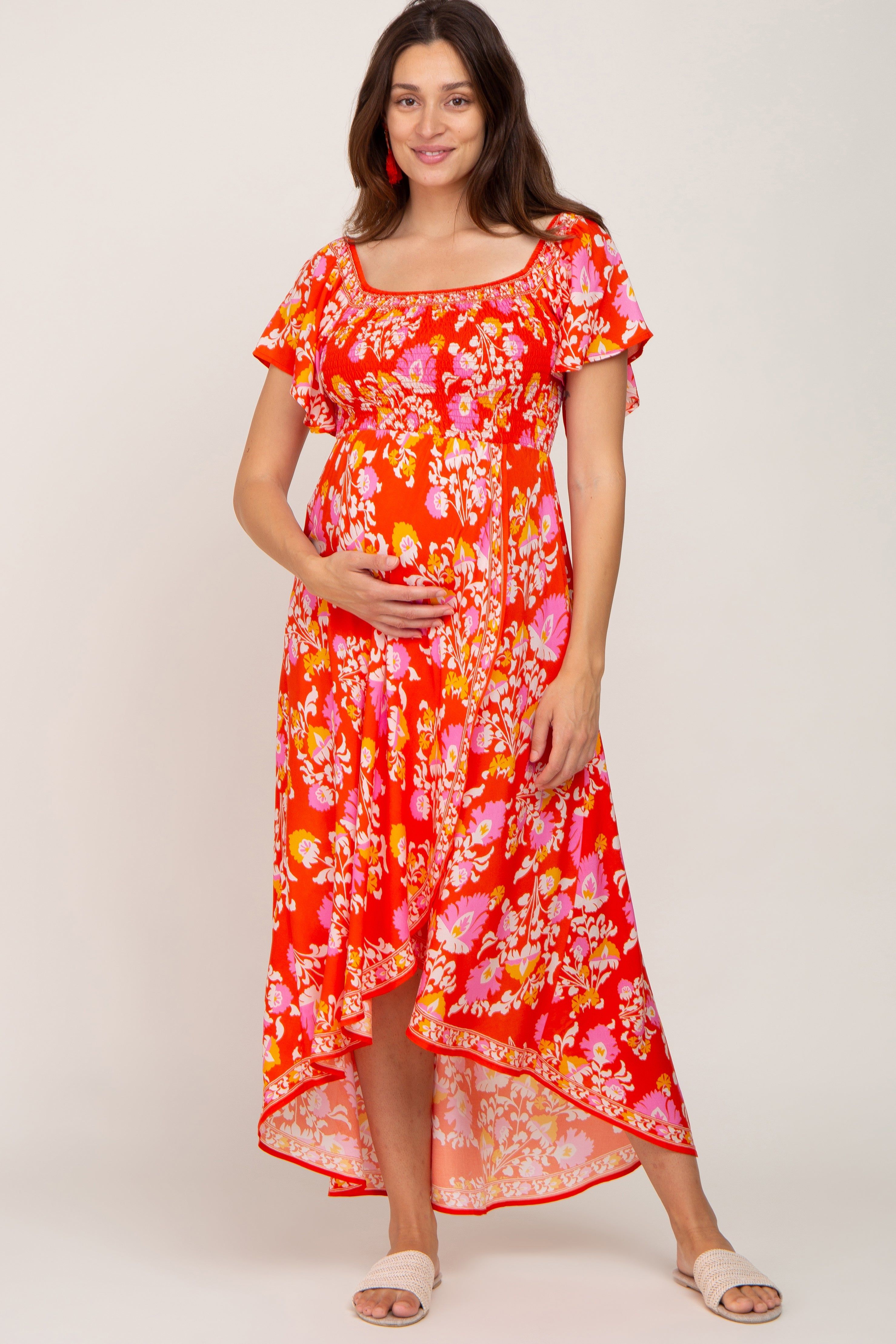 Orange Floral Off Shoulder High-Low Hem Maternity Dress sold by Pinkblush product image thumbnail 4